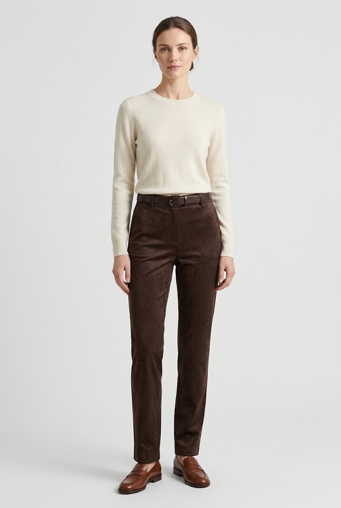 Pantalon droit en suédine stretch brun chocolat