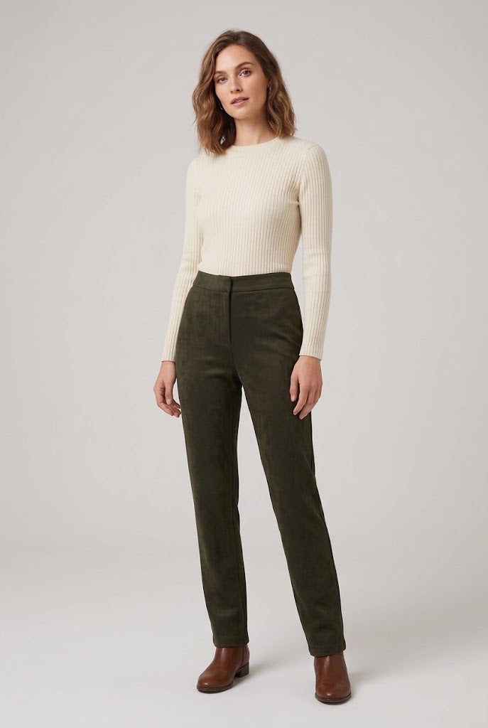 Pantalon droit en suédine stretch kaki foncé