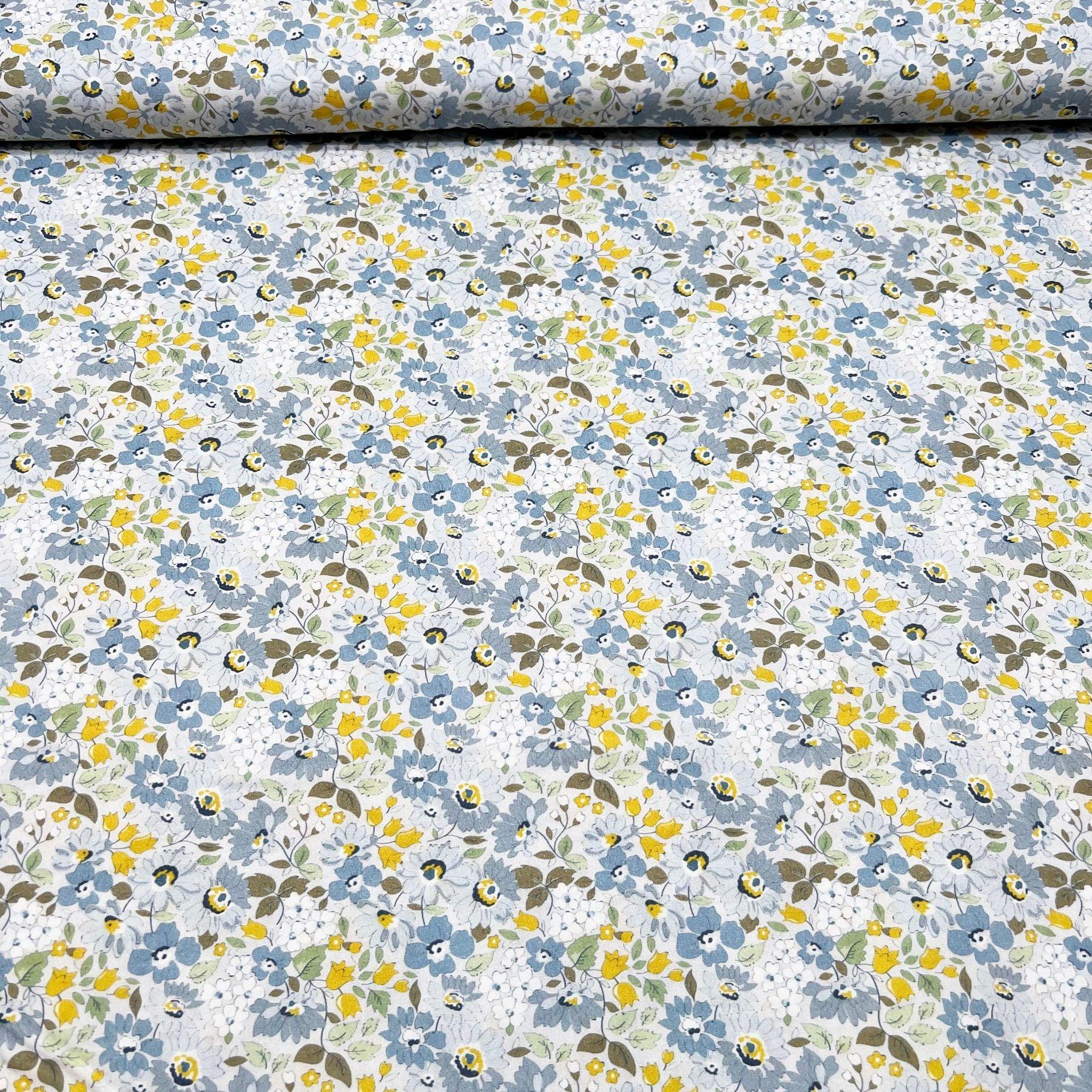 Popeline bio coton fleurs bleu et jaune