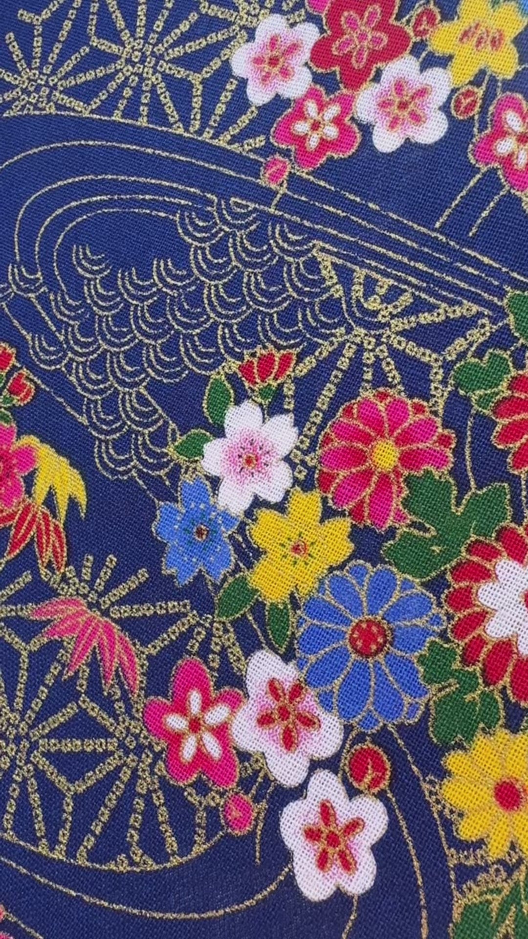 Tissu Popeline Motif Floral Japonais Bleu