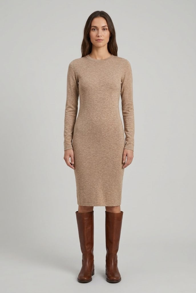 Robe pull en maille tricot noisette chiné