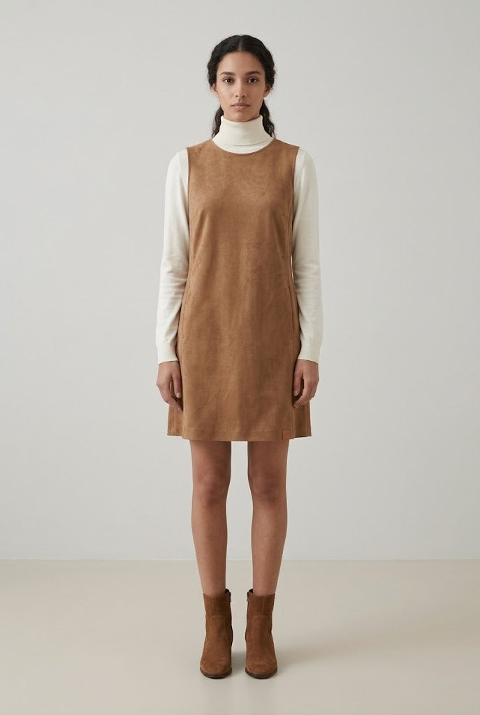 Robe chasuble en suédine stretch camel