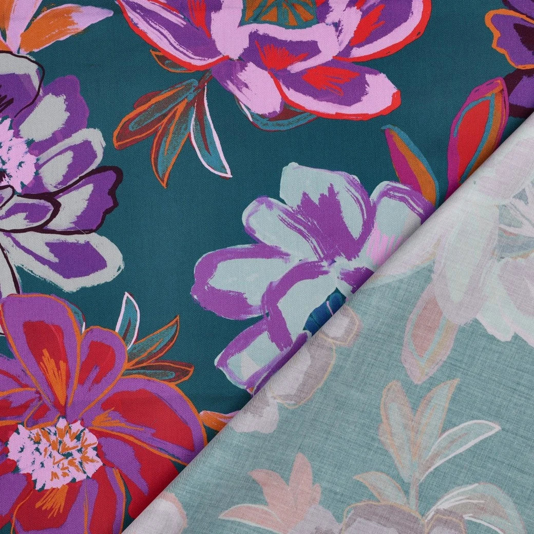 Endroit et envers du satin de coton fleurs violettes