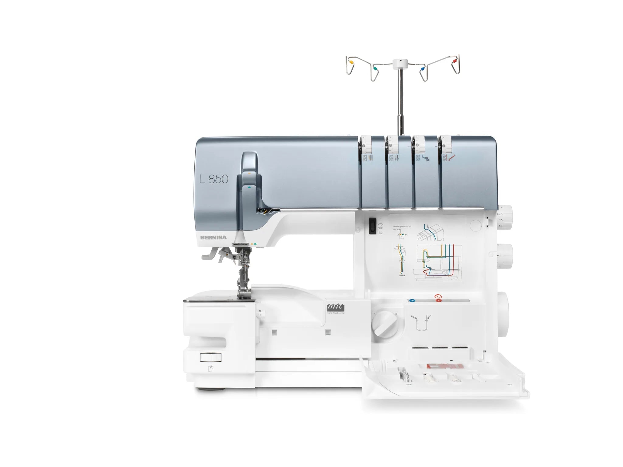 Surjeteuse BERNINA L 850 — vue de face, capot ouvert