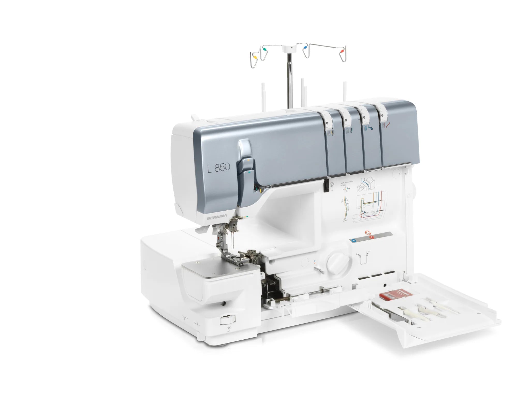 Surjeteuse BERNINA L 850 — vue trois quarts, capot ouvert