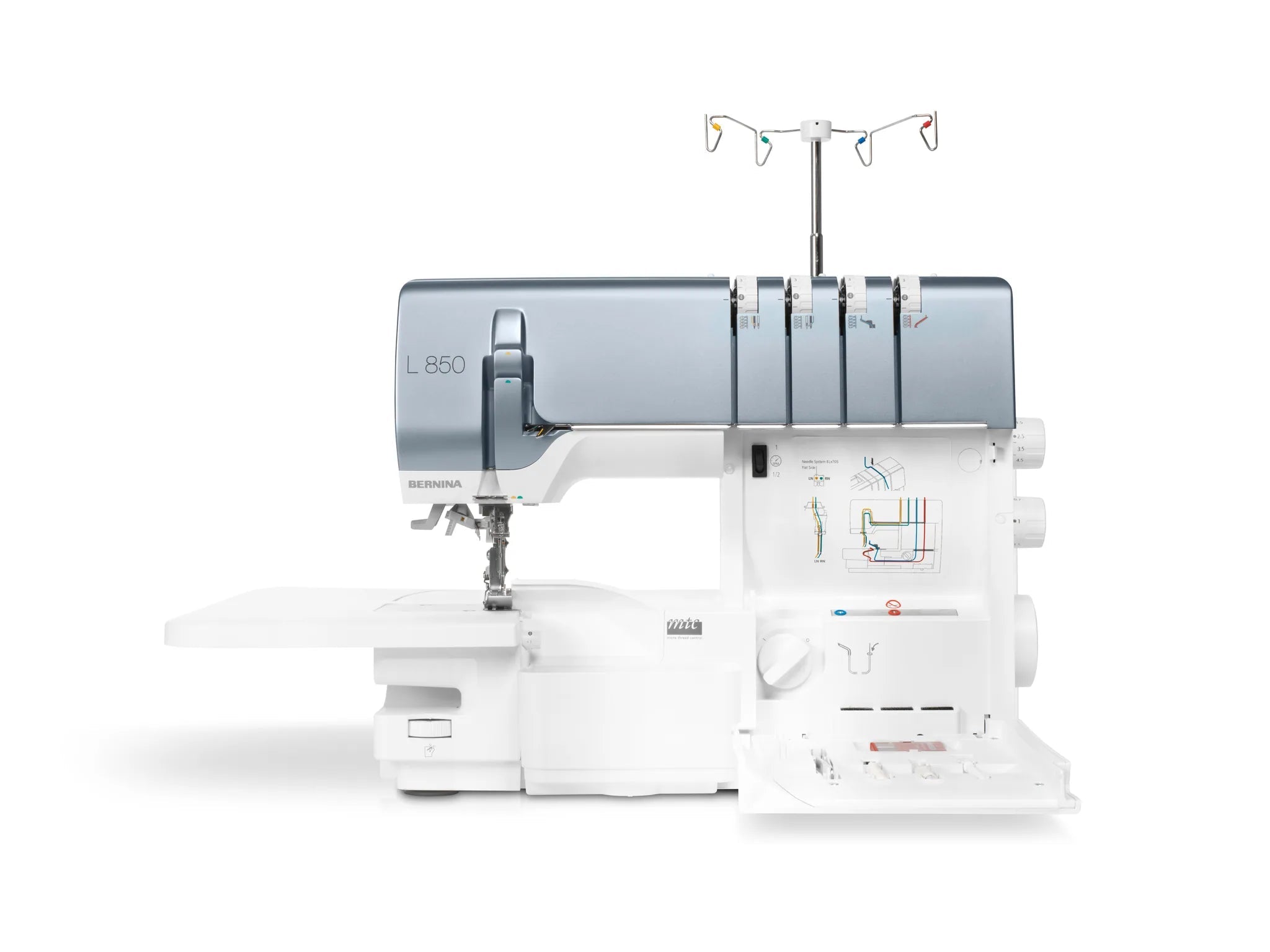 Surjeteuse BERNINA L 850 — vue de face, avec table rallonge, capot ouvert