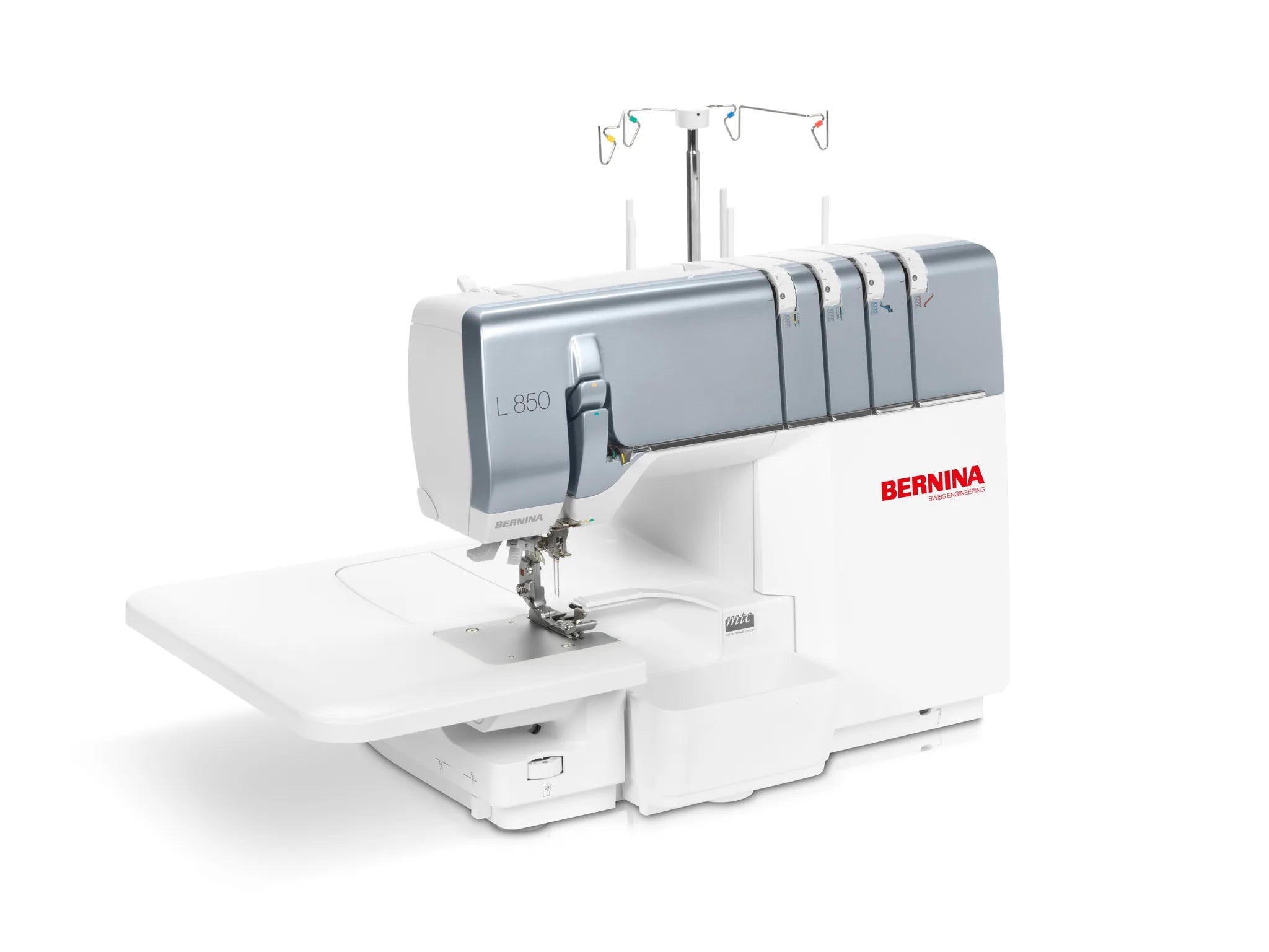Surjeteuse BERNINA L 850 — vue trois quarts, avec table rallonge