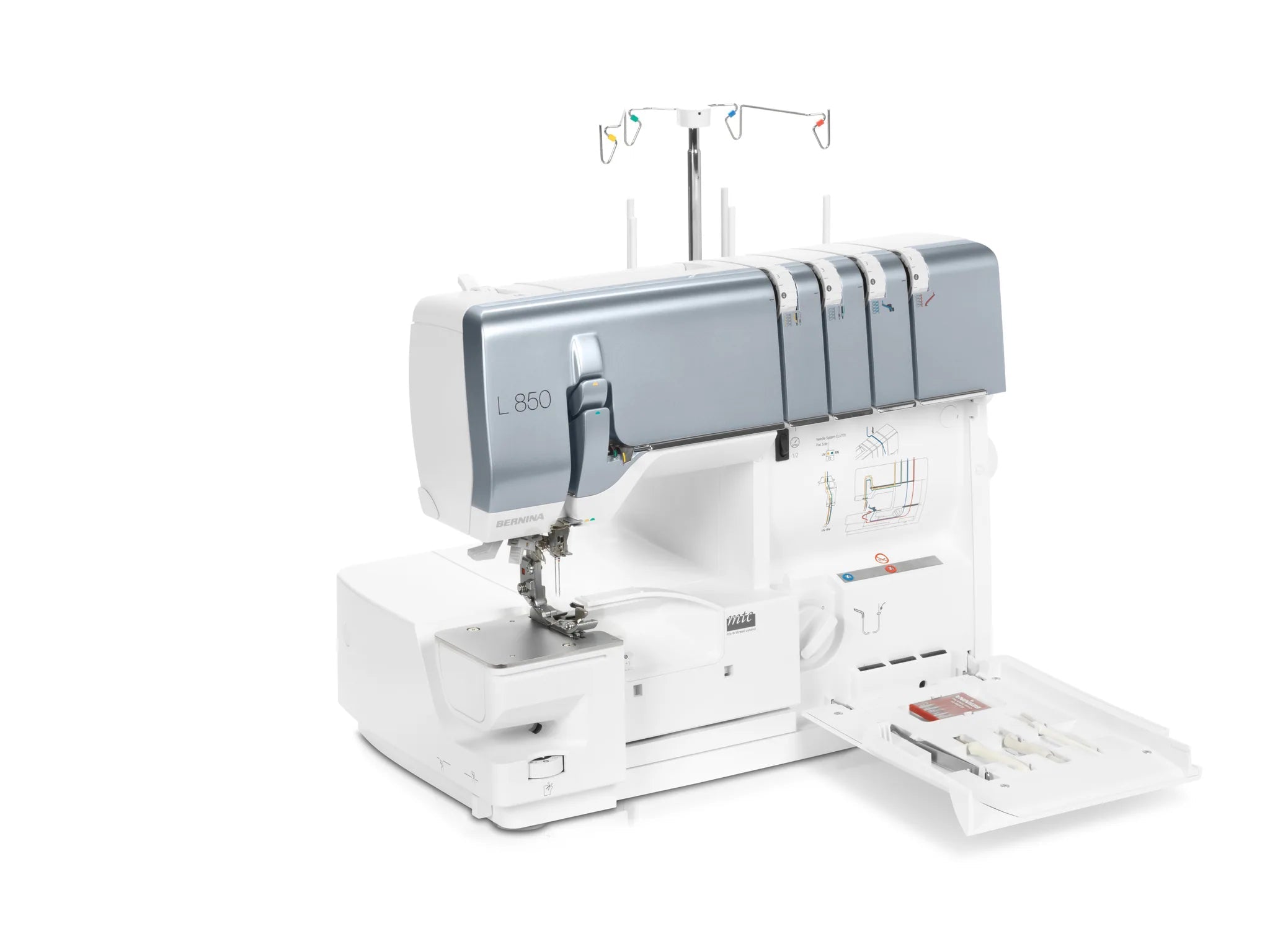 Surjeteuse BERNINA L 850 — vue trois quarts, capot ouvert
