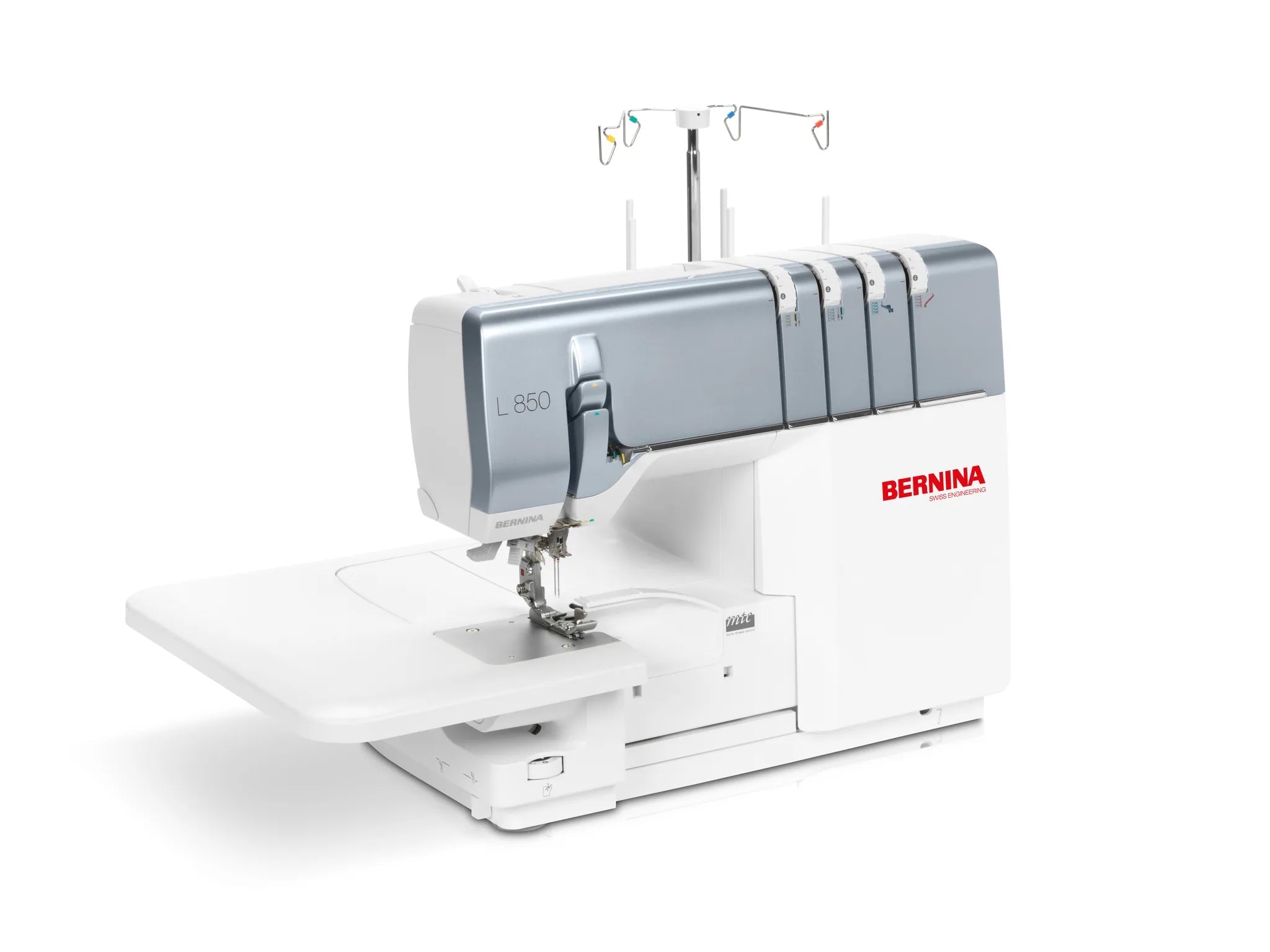 Surjeteuse BERNINA L 850 — vue trois quarts, avec table rallonge