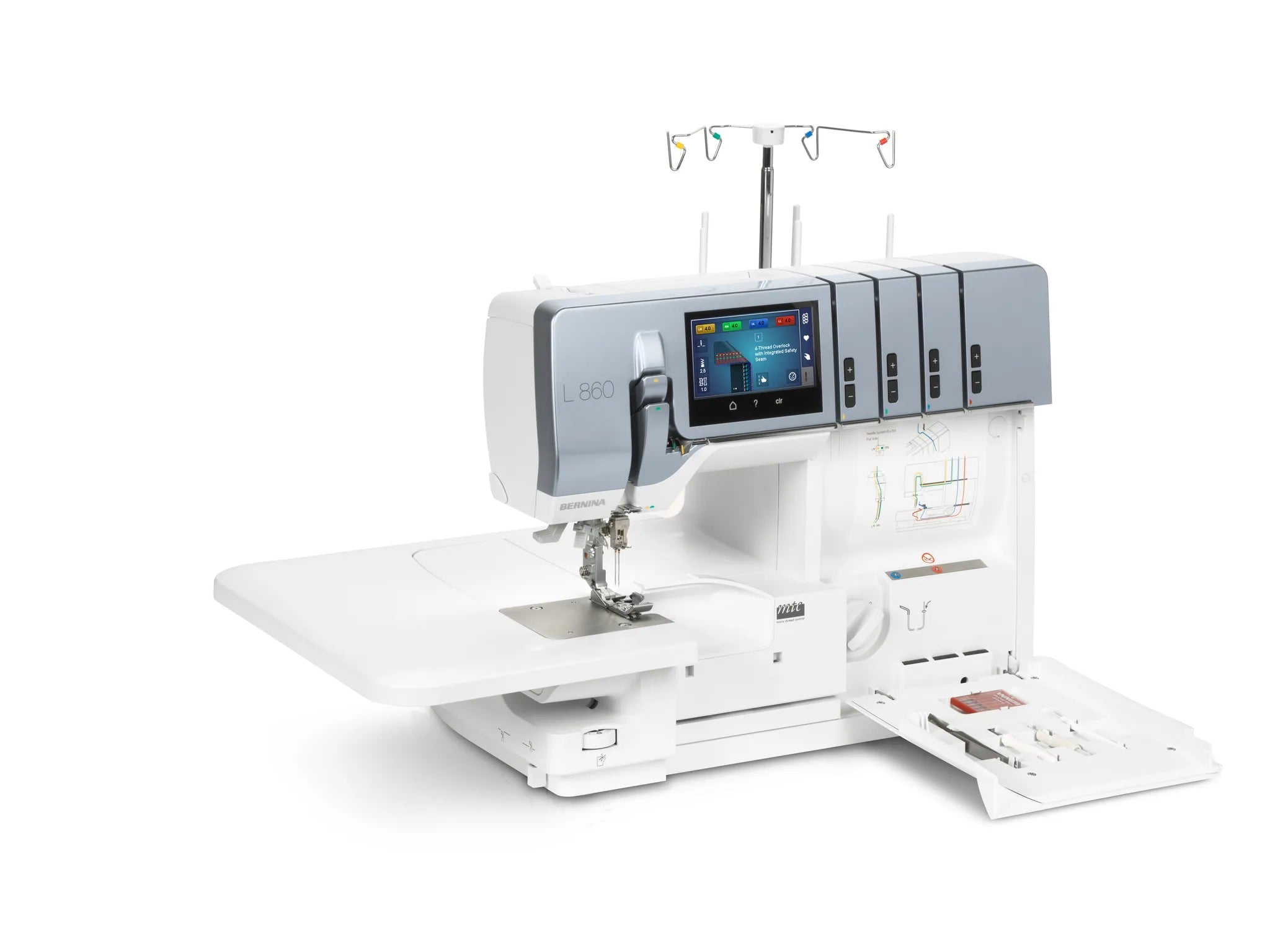 Surjeteuse BERNINA L 860 — vue trois quarts, avec table rallonge, capot ouvert