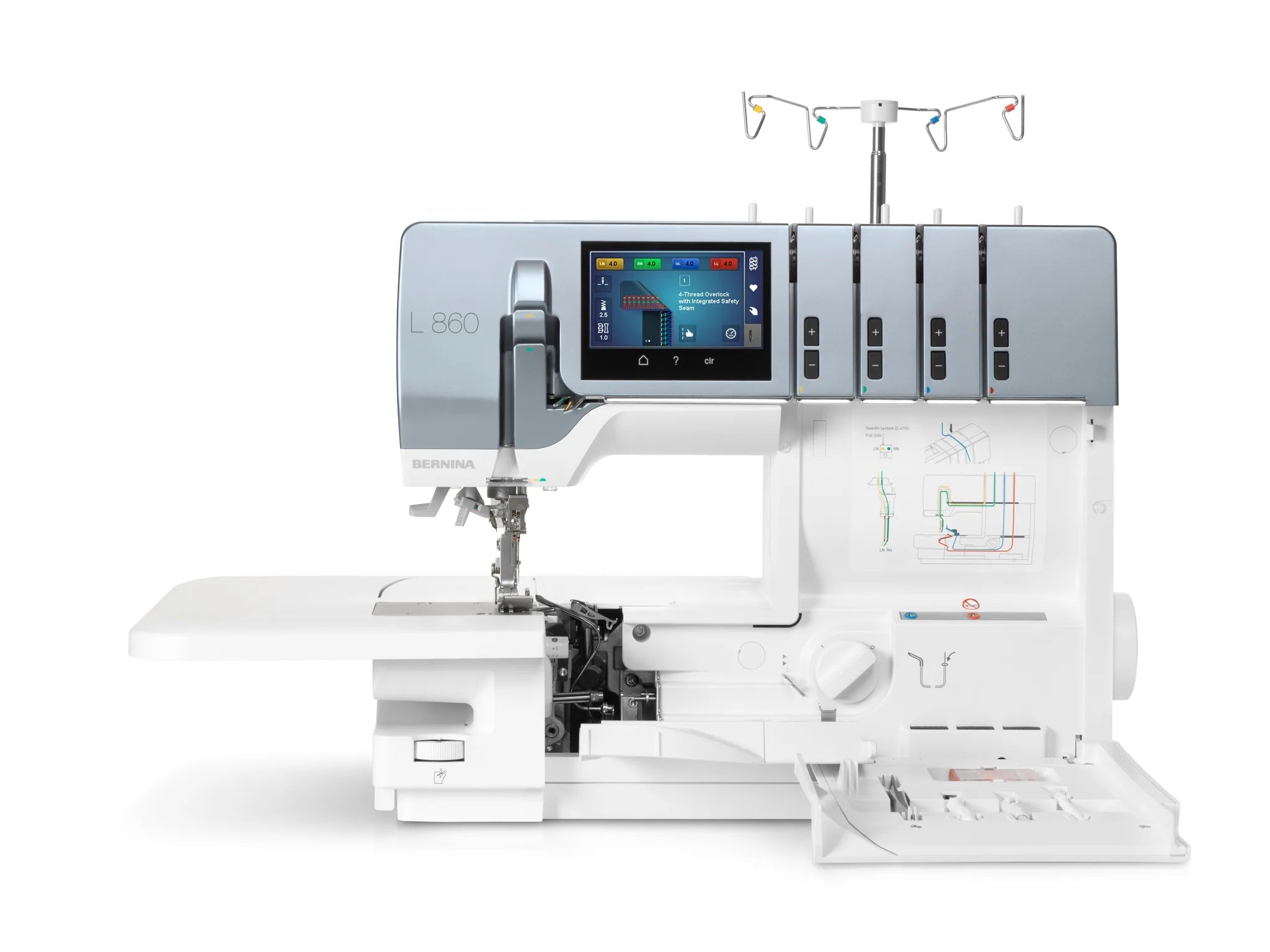 Surjeteuse BERNINA L 860 — vue de face, avec table rallonge, capot ouvert