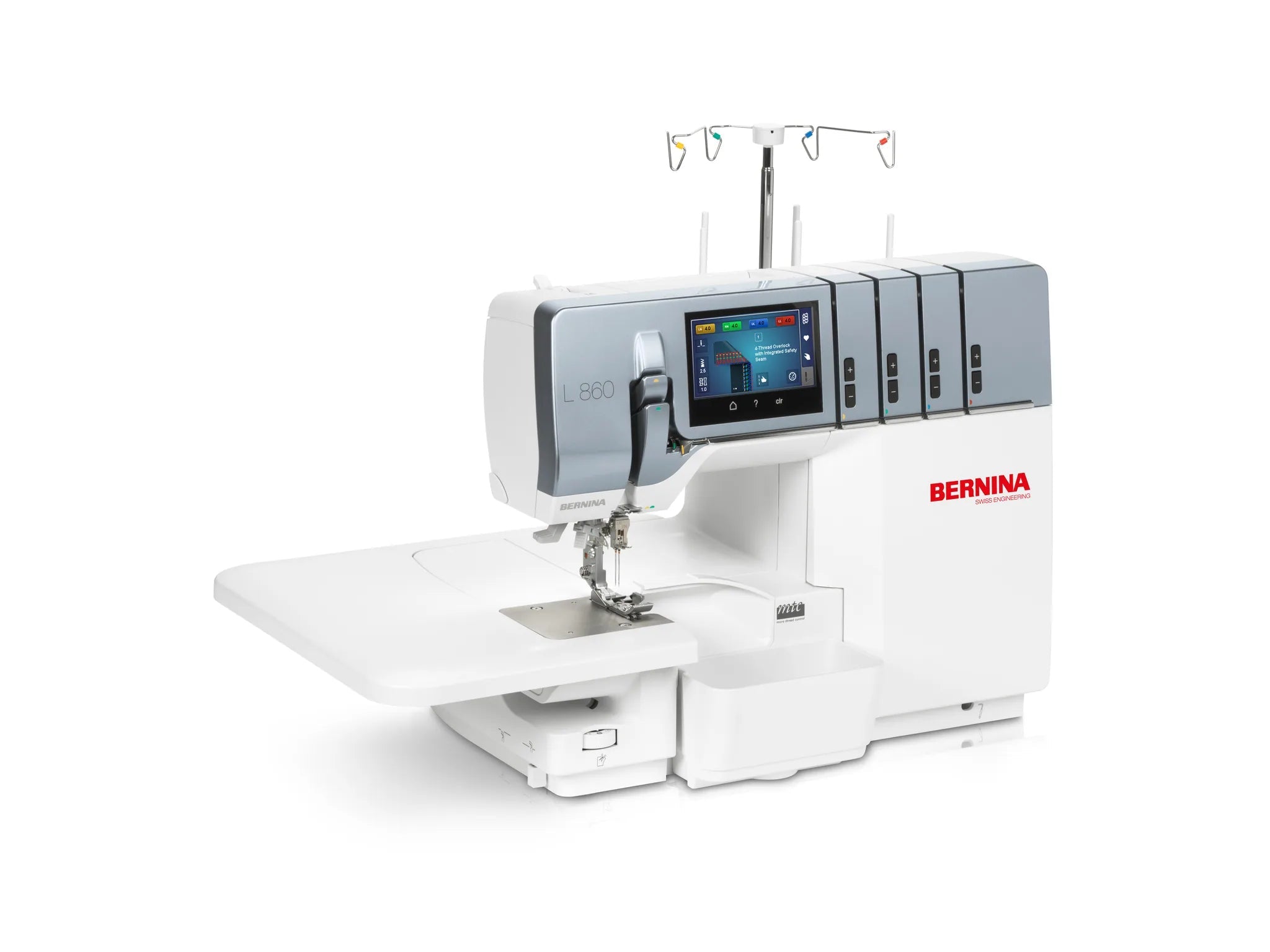 Surjeteuse BERNINA L 860 — vue trois quarts, avec table rallonge