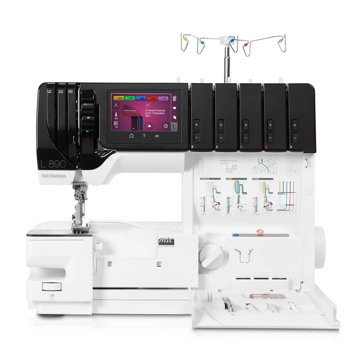 Surjeteuse-recouvreuse BERNINA L 890 — vue de face, bras libre, capot ouvert, configuration recouvrement