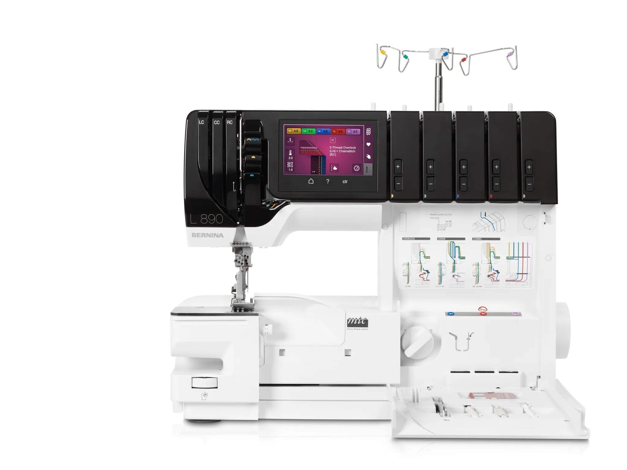 Surjeteuse-recouvreuse BERNINA L 890 — vue de face, bras libre, capot ouvert, configuration recouvrement