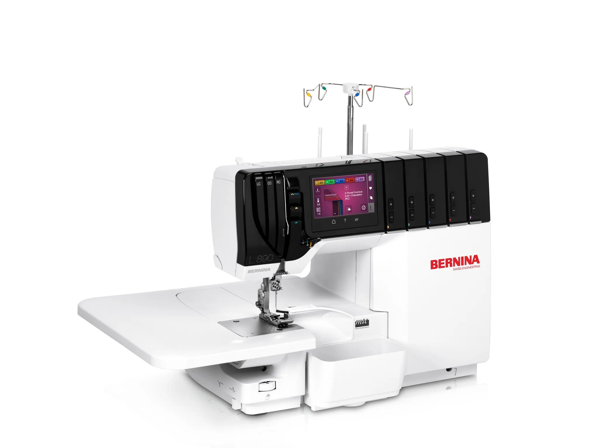 Surjeteuse-recouvreuse BERNINA L 890 — vue trois quarts, avec table rallonge, configuration recouvrement