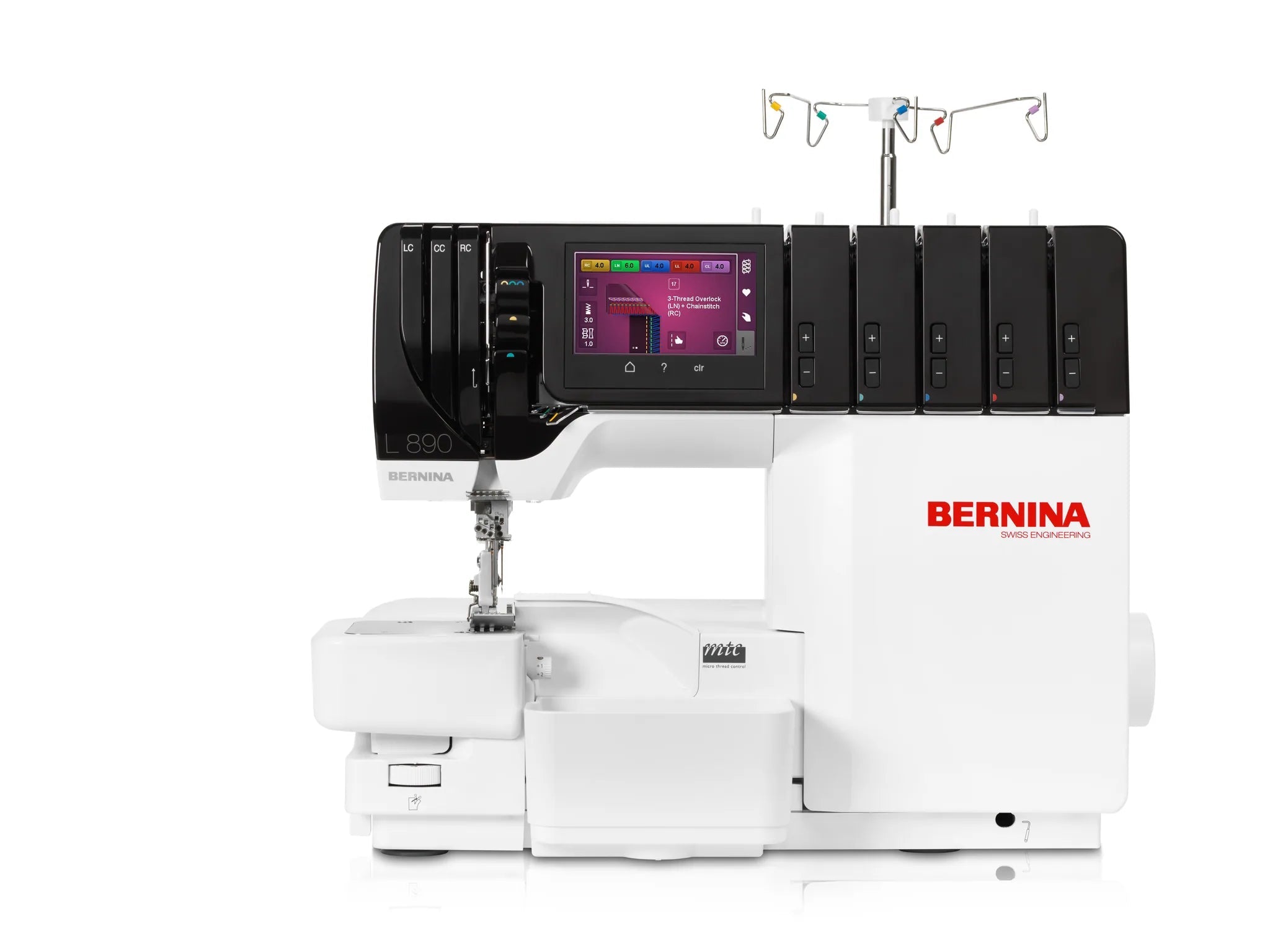 Surjeteuse-recouvreuse BERNINA L 890 — vue de face, avec table rallonge, configuration recouvrement