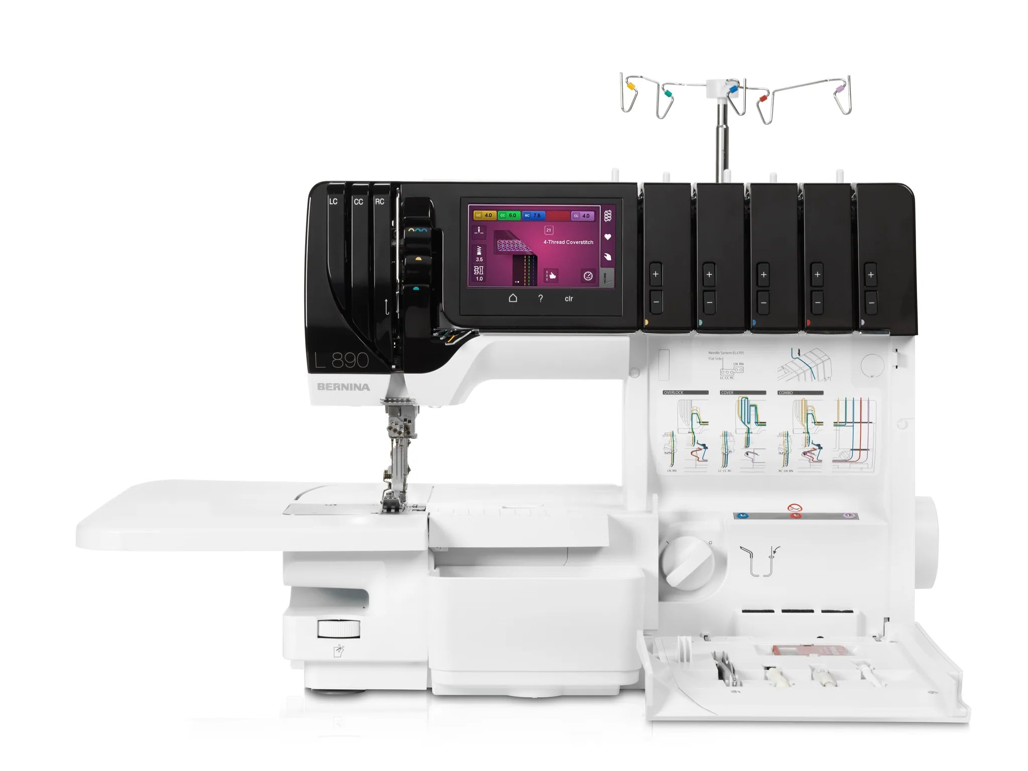 Surjeteuse-recouvreuse BERNINA L 890 — vue de face, avec table rallonge, capot ouvert