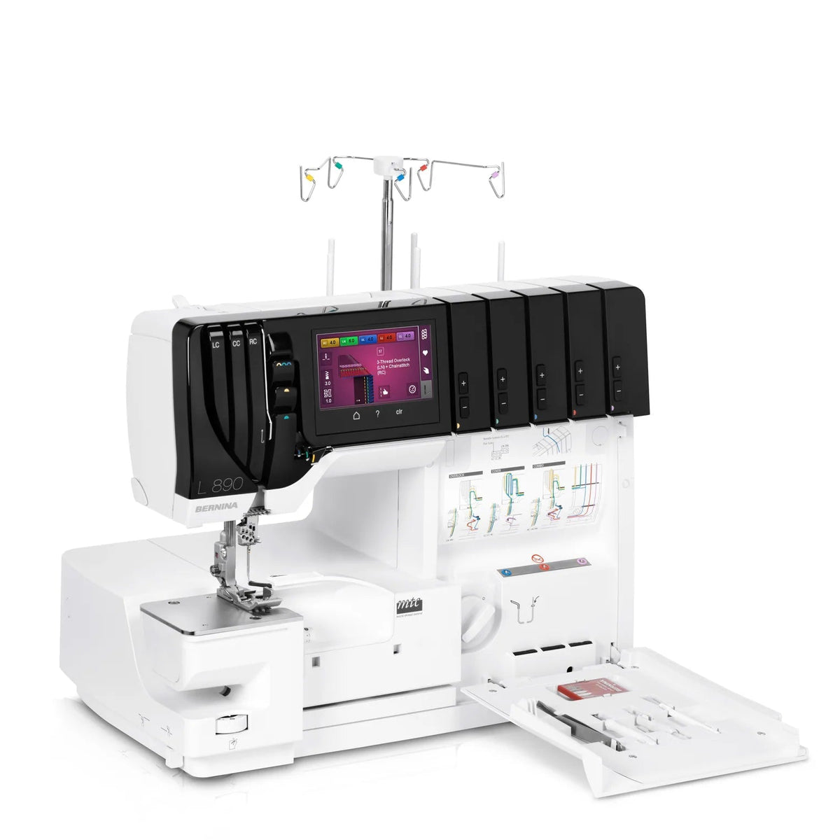 Surjeteuse-recouvreuse BERNINA L 890 — vue trois quarts, bras libre, capot ouvert, configuration recouvrement