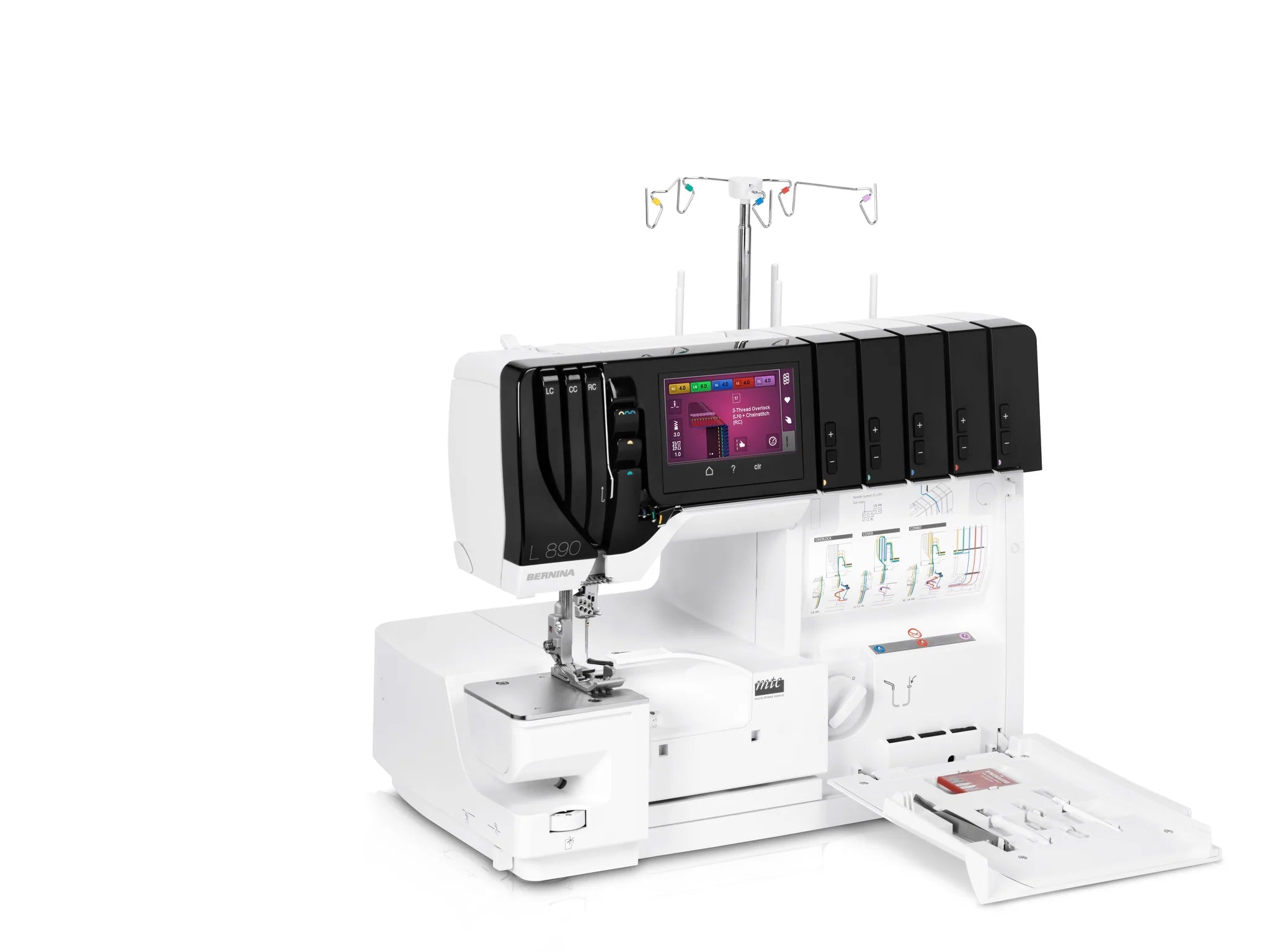 Surjeteuse-recouvreuse BERNINA L 890 — vue trois quarts, bras libre, capot ouvert, configuration recouvrement