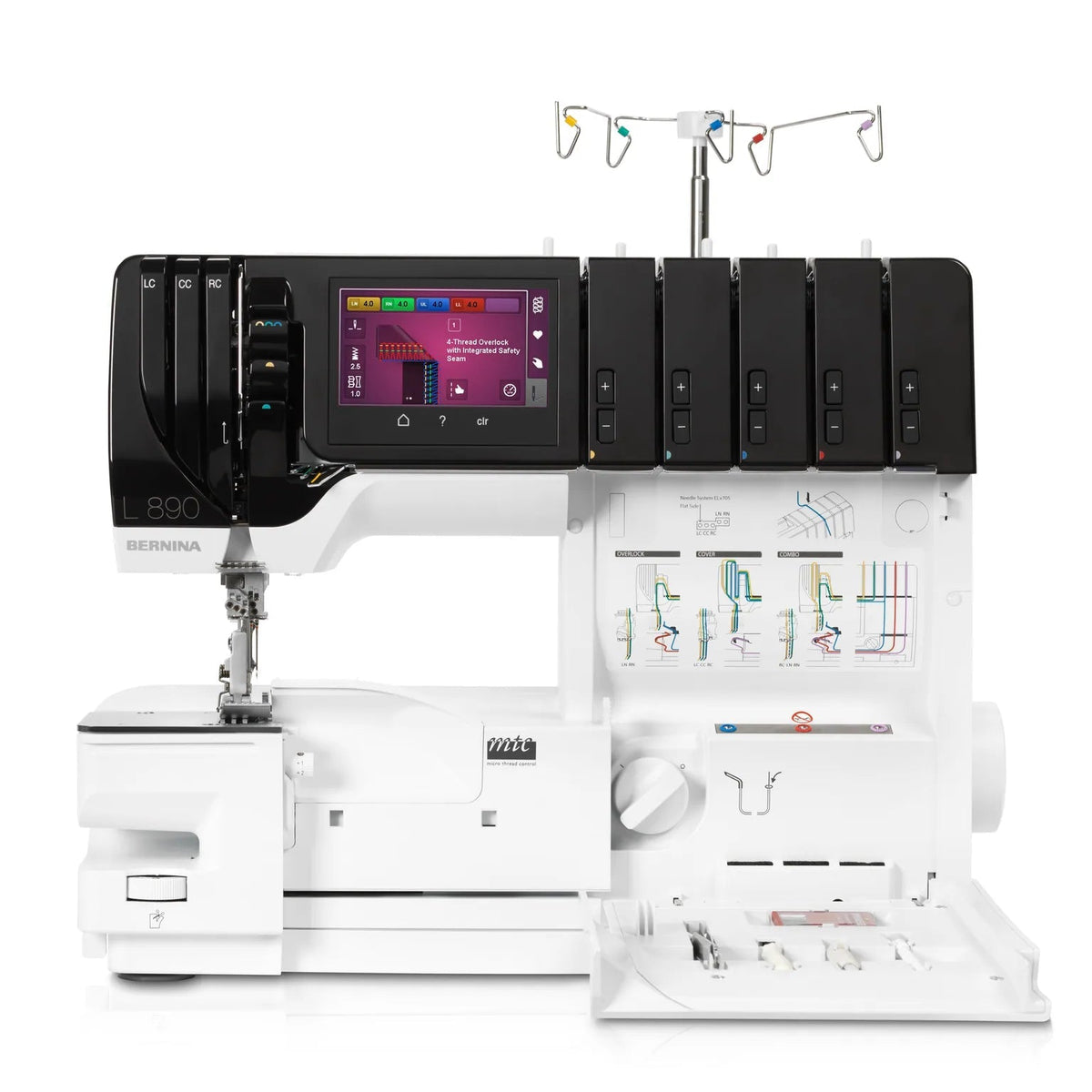 Surjeteuse-recouvreuse BERNINA L 890 — vue de face, bras libre, capot ouvert, surjet