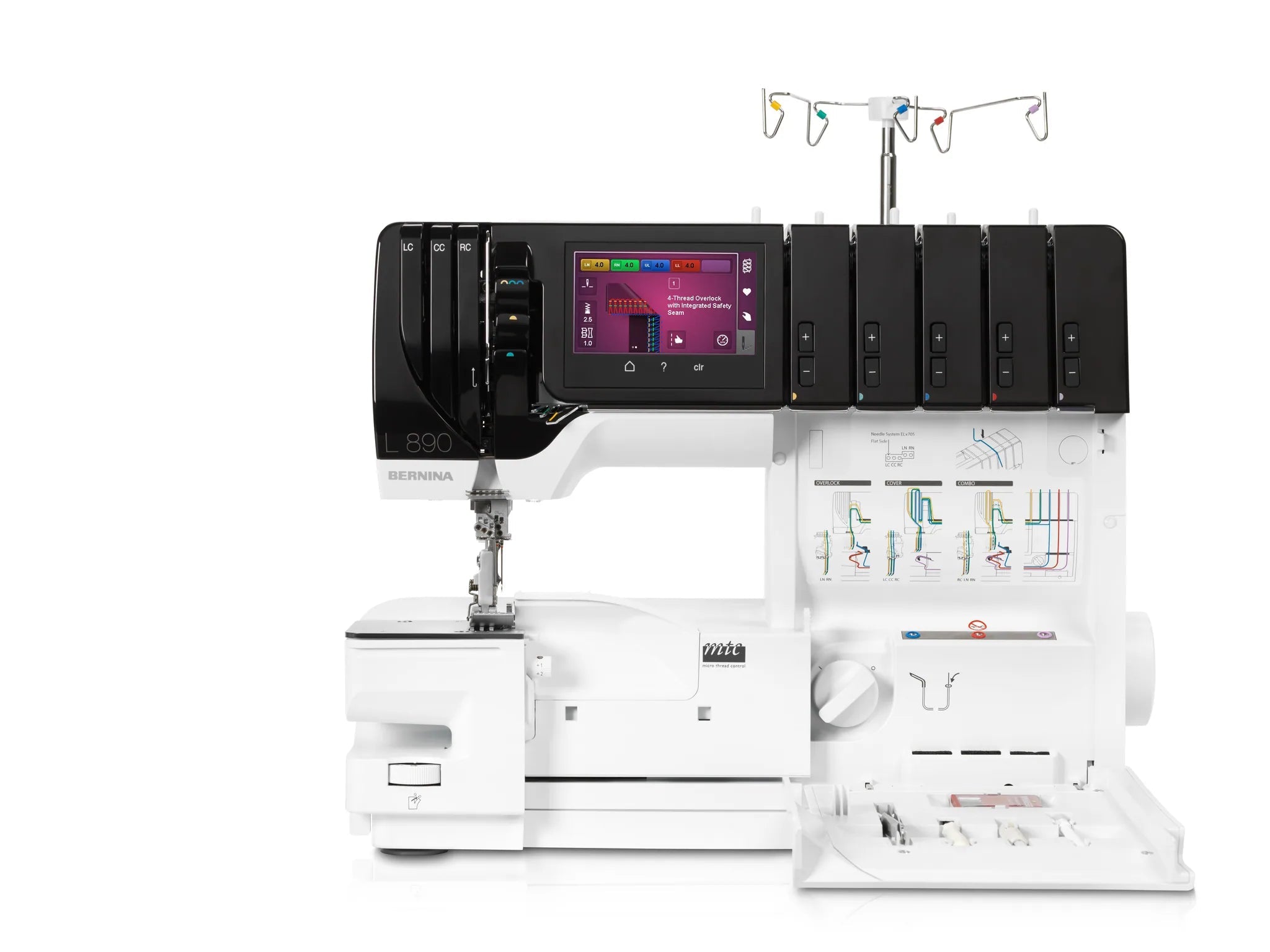 Surjeteuse-recouvreuse BERNINA L 890 — vue de face, bras libre, capot ouvert, surjet