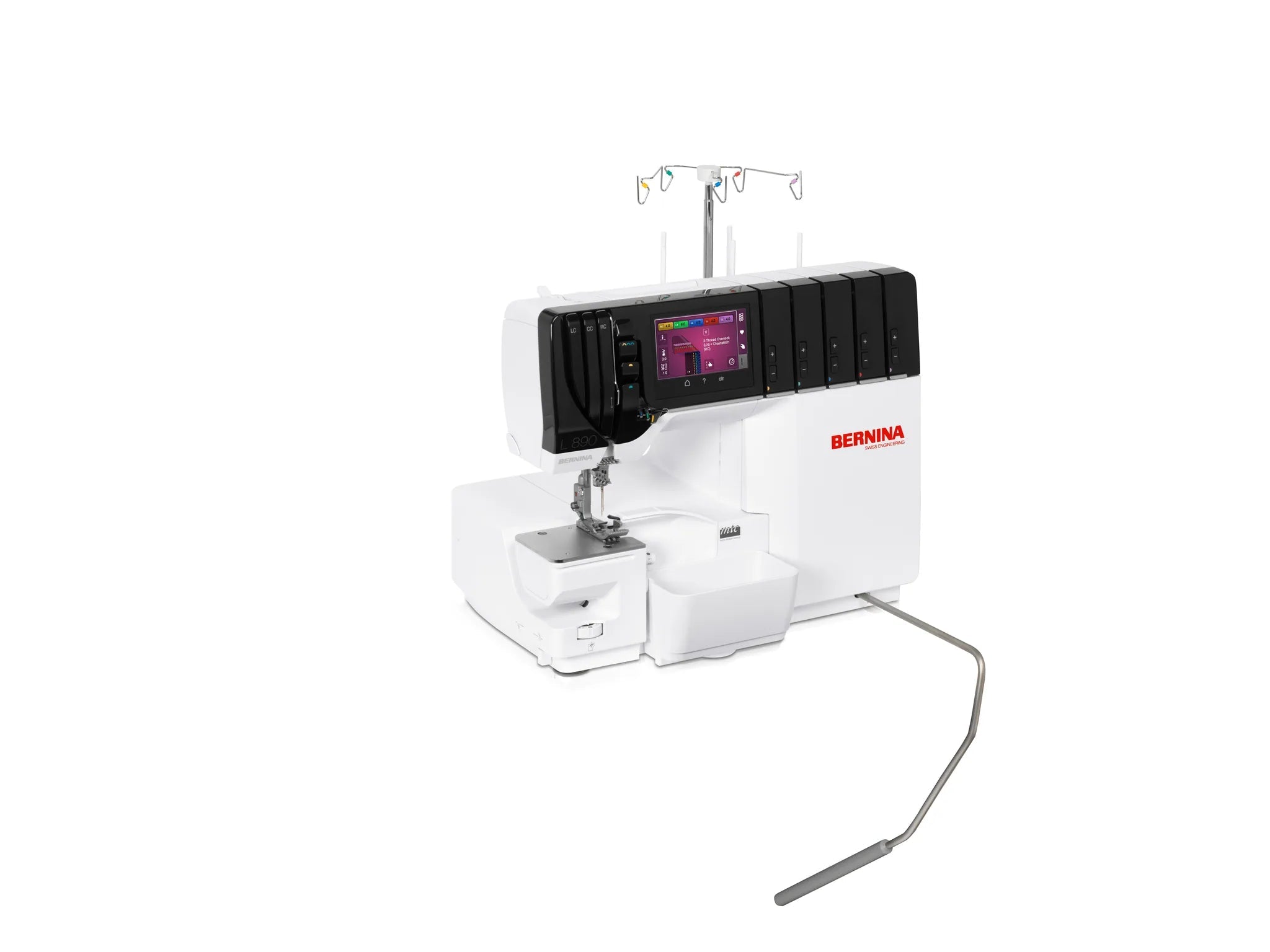 Surjeteuse-recouvreuse BERNINA L 890 — vue trois quarts, bras libre, configuration recouvrement