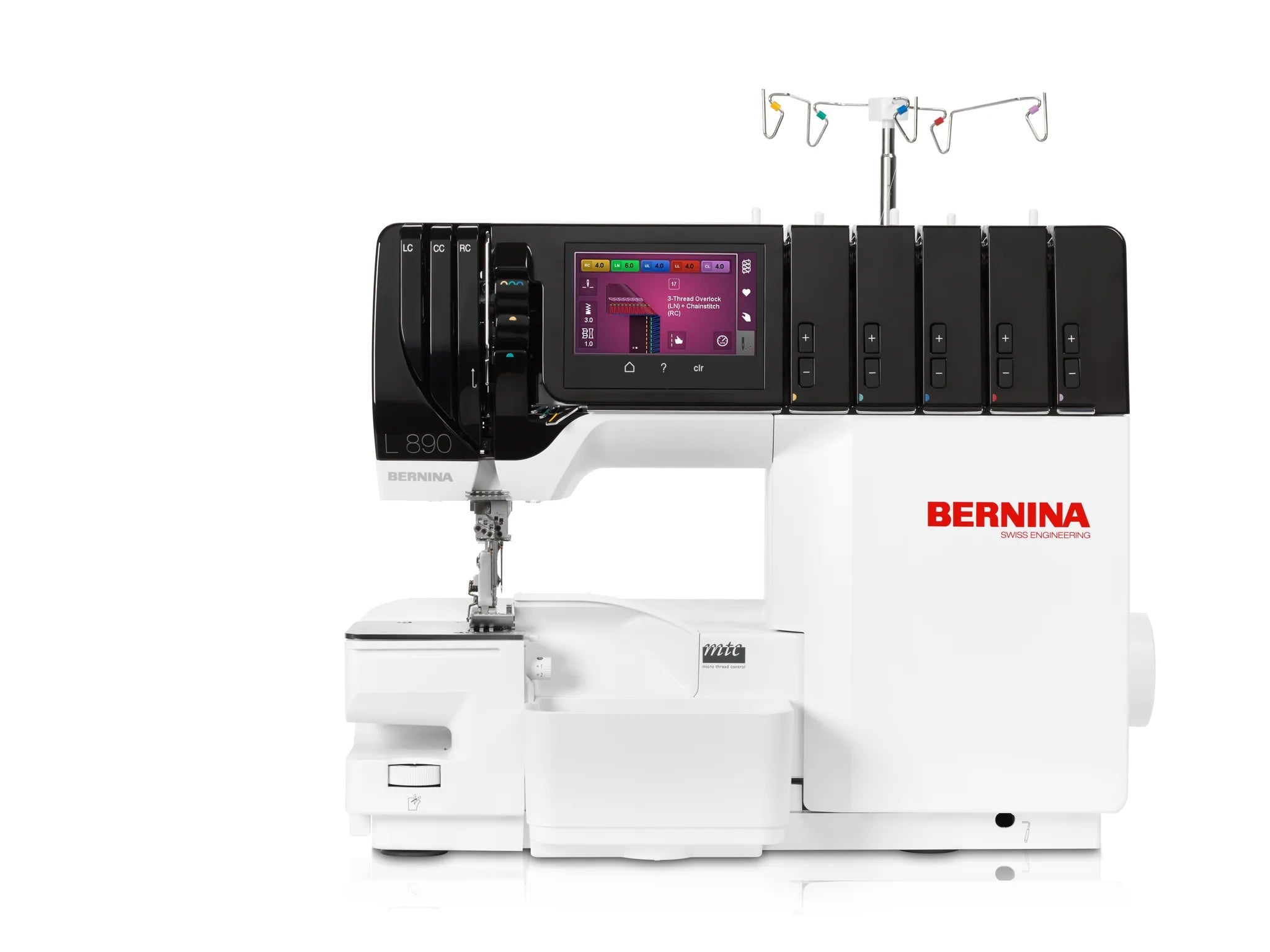 Surjeteuse-recouvreuse BERNINA L 890 — vue de face, bras libre, configuration recouvrement