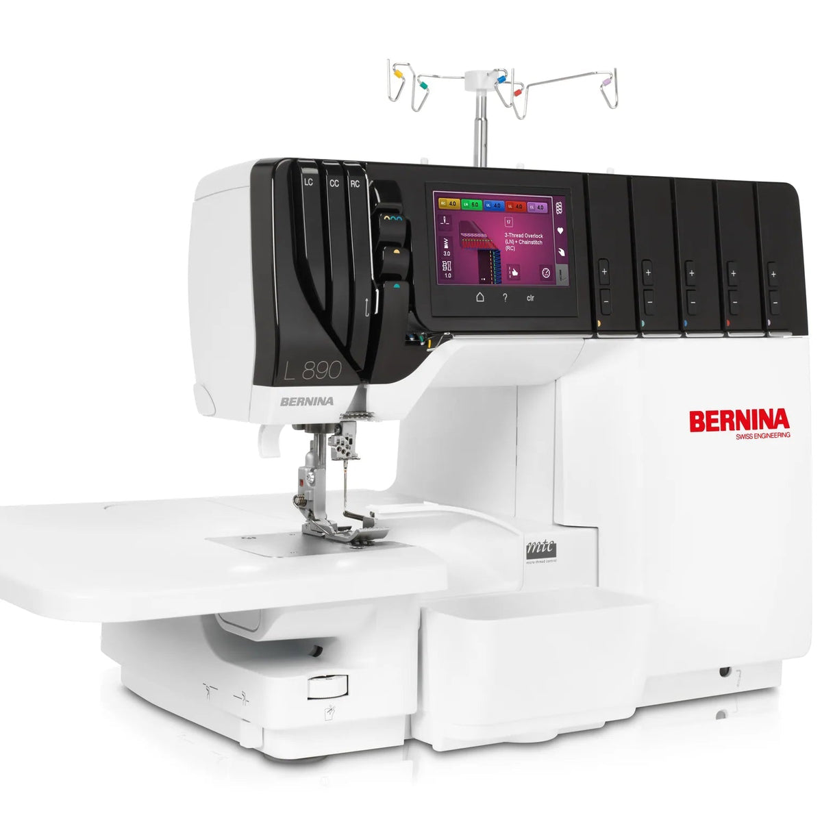 Surjeteuse-recouvreuse BERNINA L 890 — en atelier, avec table rallonge, configuration recouvrement