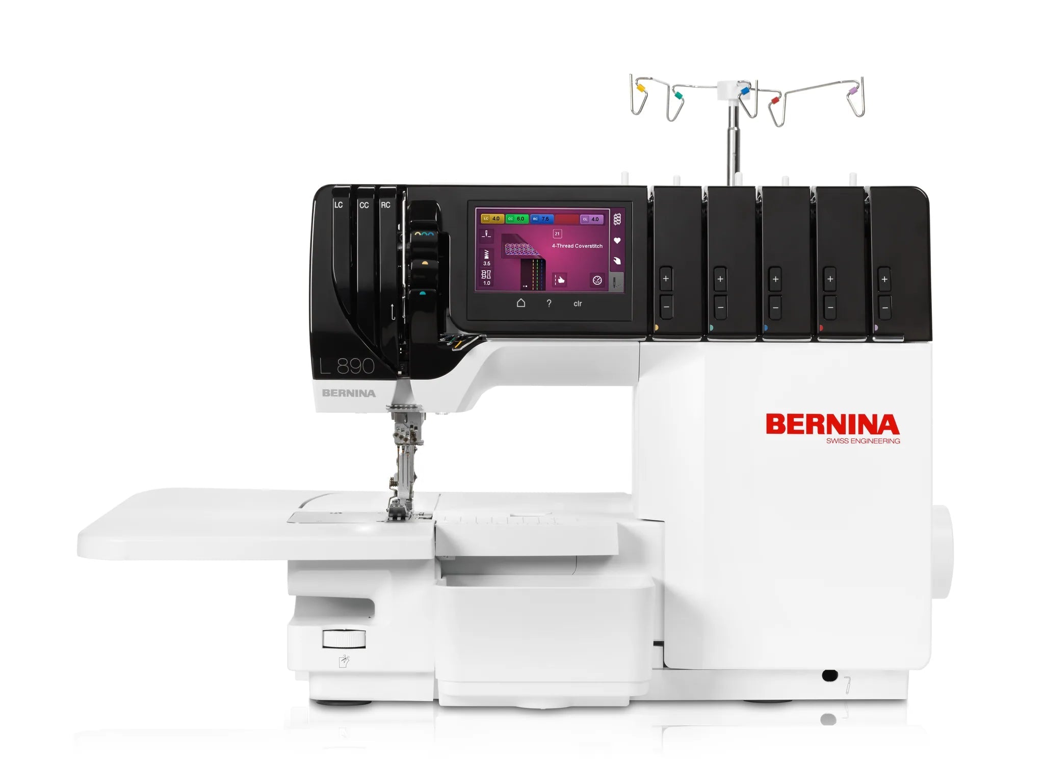 Surjeteuse-recouvreuse BERNINA L 890 — vue de face, avec table rallonge