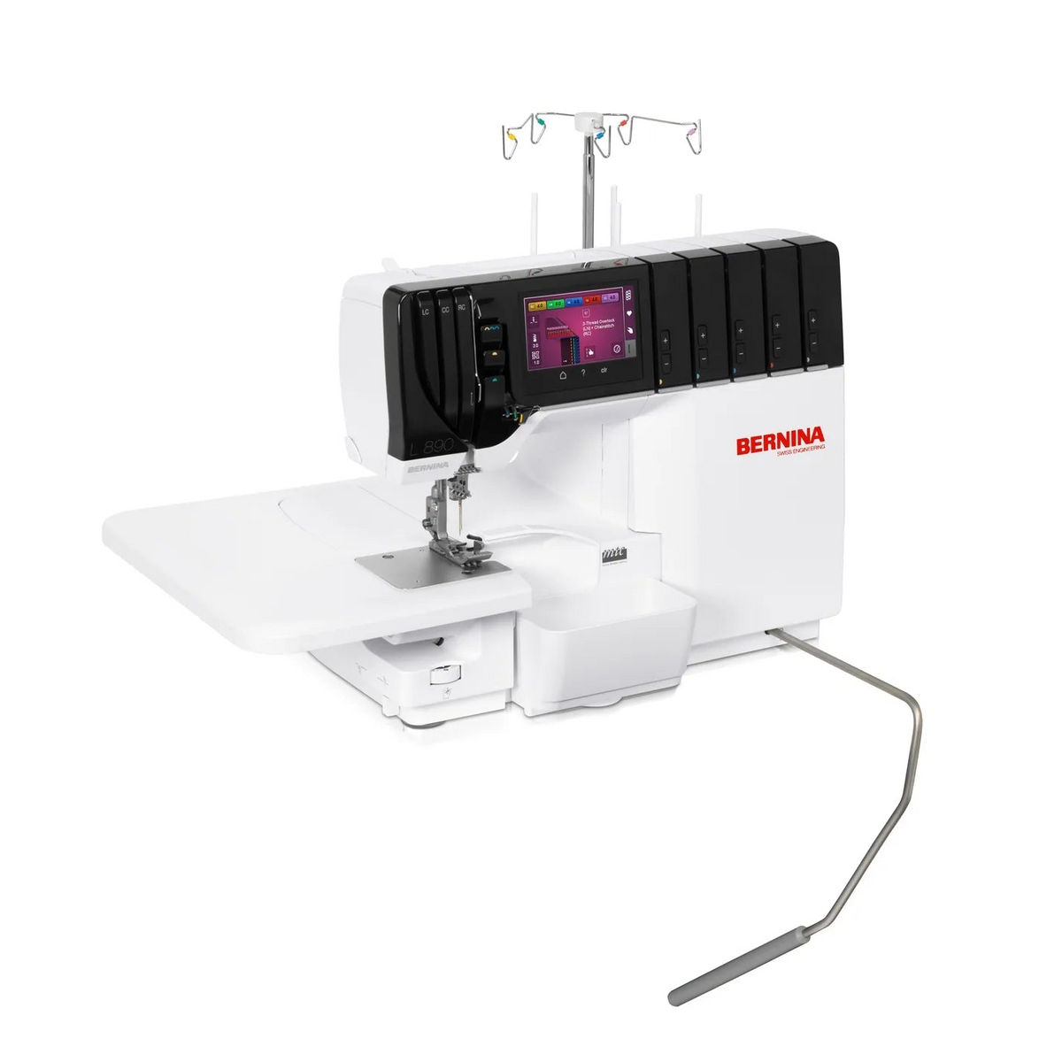 Surjeteuse-recouvreuse BERNINA L 890 — vue trois quarts, avec table rallonge, configuration recouvrement