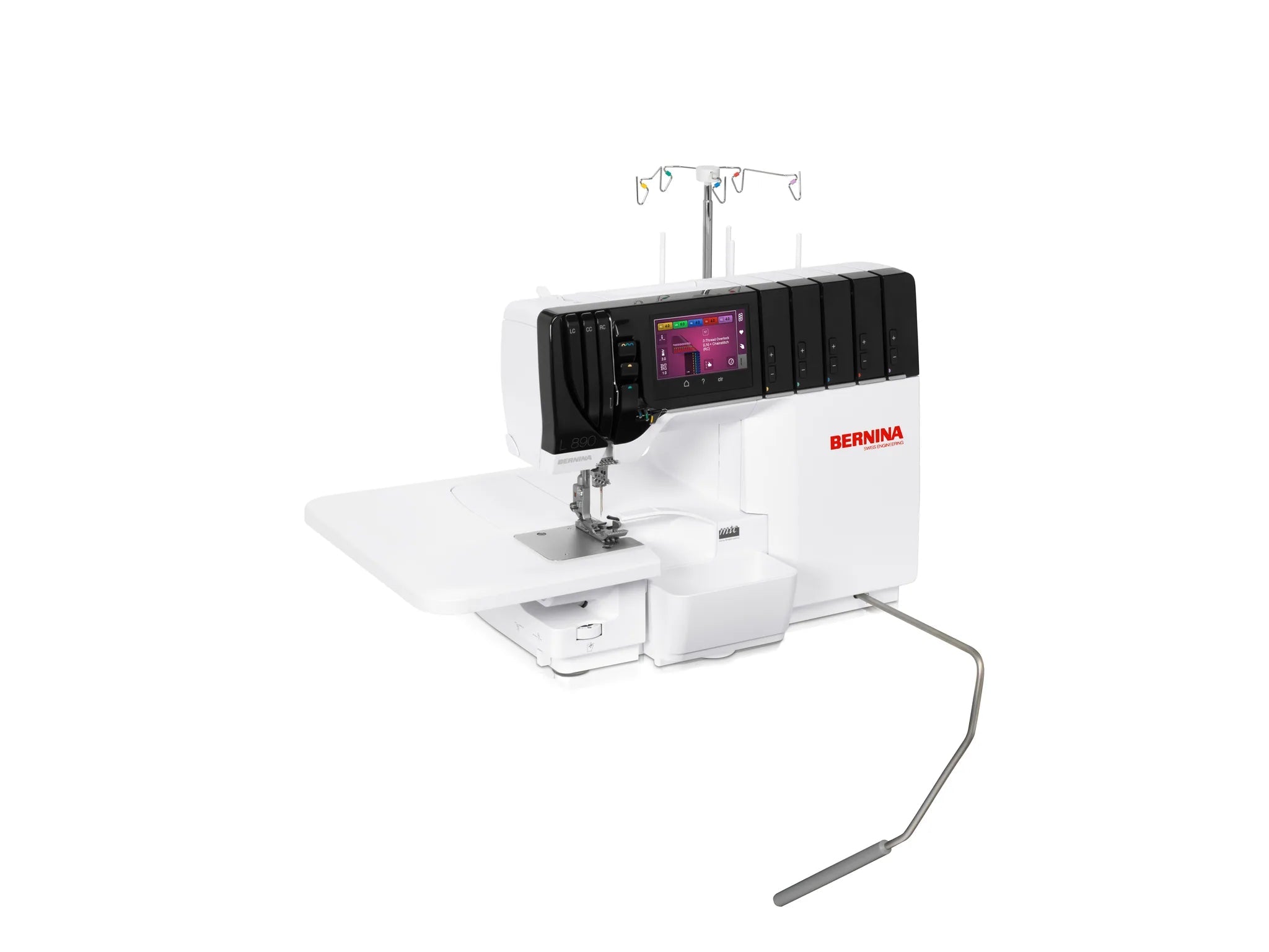 Surjeteuse-recouvreuse BERNINA L 890 — vue trois quarts, avec table rallonge, configuration recouvrement