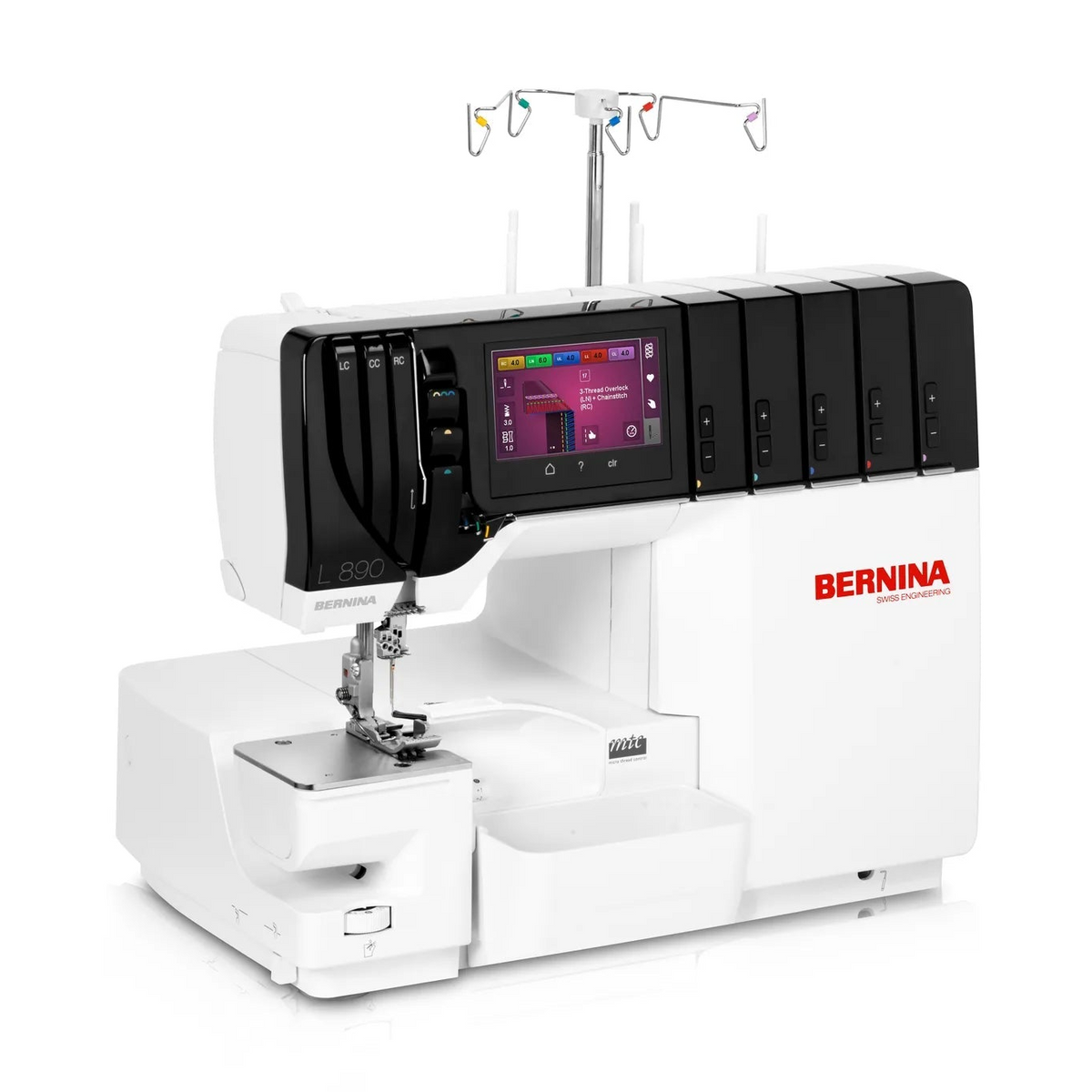 Surjeteuse-recouvreuse BERNINA L 890 — vue trois quarts, bras libre, configuration recouvrement