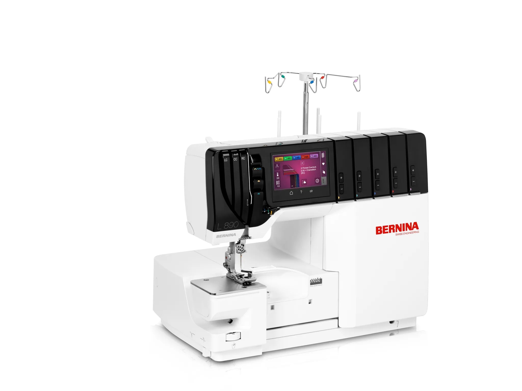 Surjeteuse-recouvreuse BERNINA L 890 — vue trois quarts, bras libre, configuration recouvrement