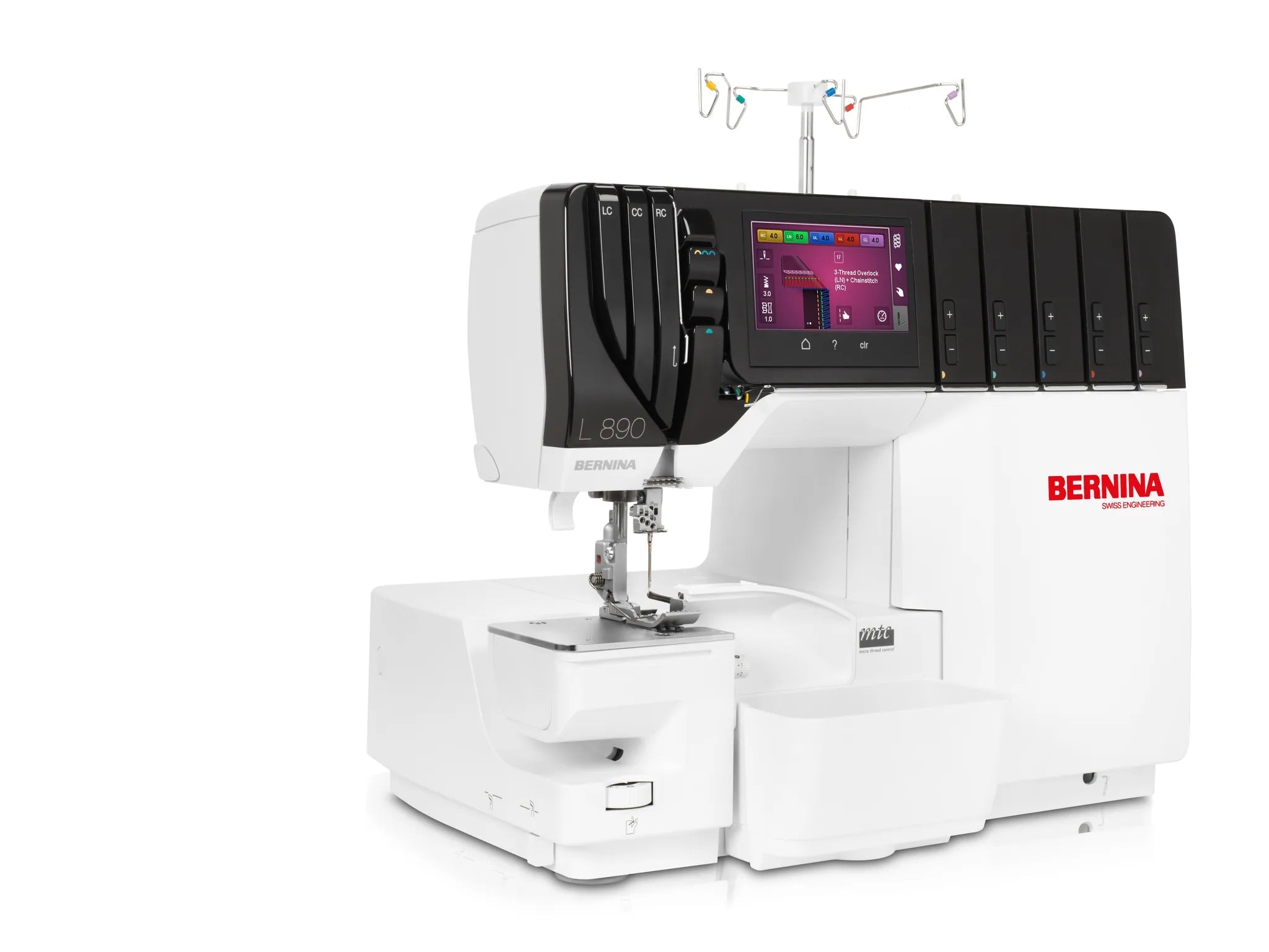 Surjeteuse-recouvreuse BERNINA L 890 — en atelier, bras libre, configuration recouvrement