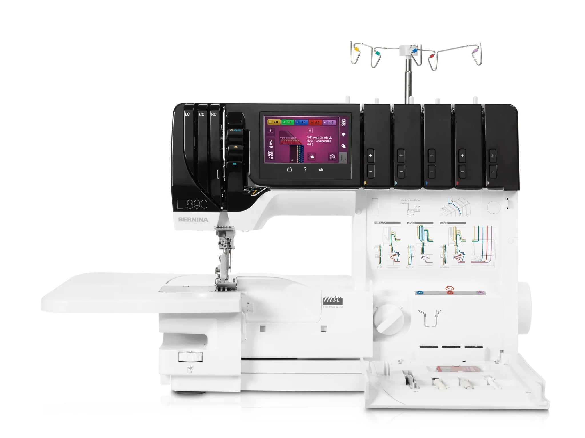 Surjeteuse-recouvreuse BERNINA L 890 — vue de face, avec table rallonge, capot ouvert, configuration recouvrement