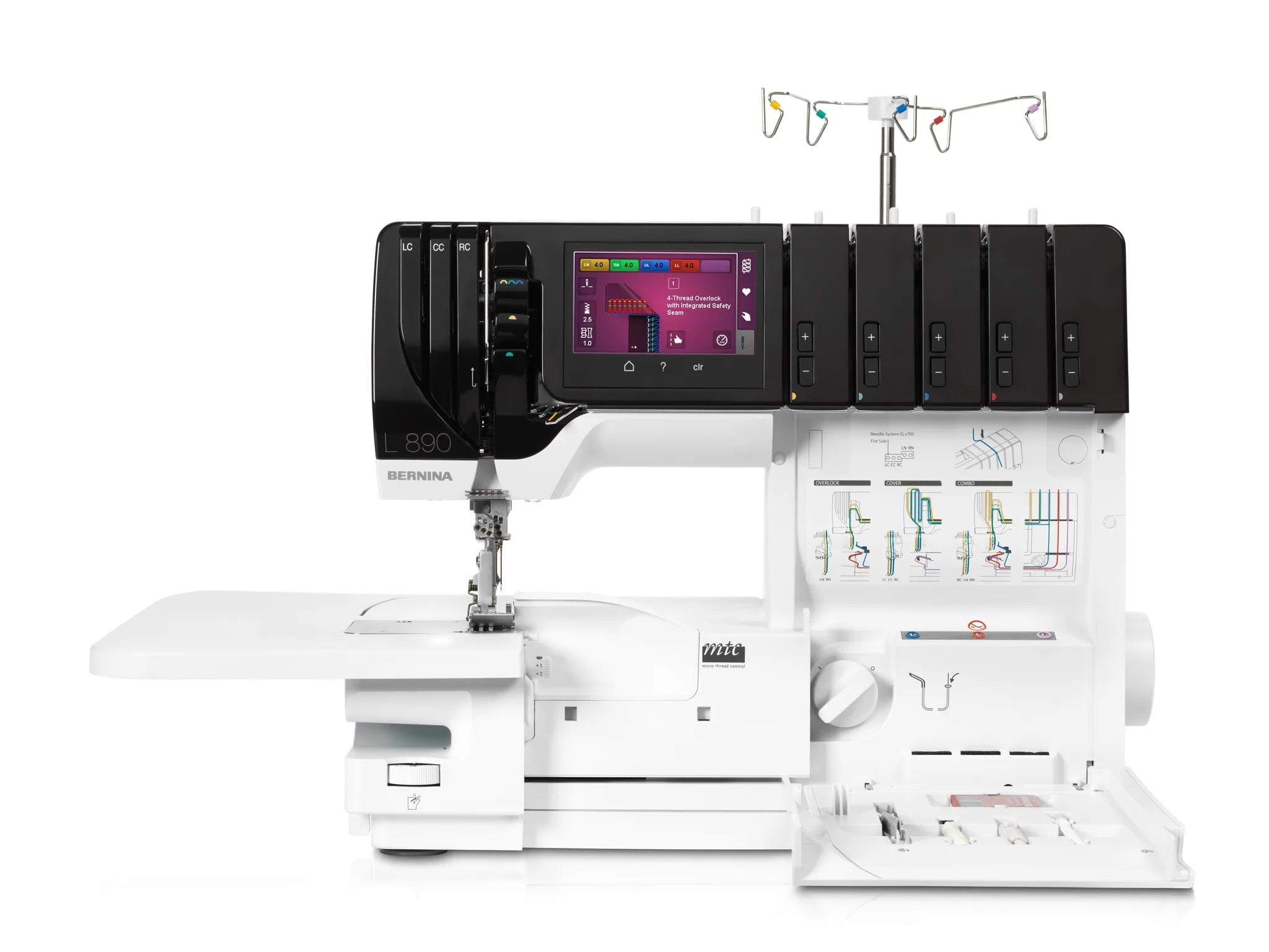 Surjeteuse-recouvreuse BERNINA L 890 — vue de face, avec table rallonge, capot ouvert, surjet