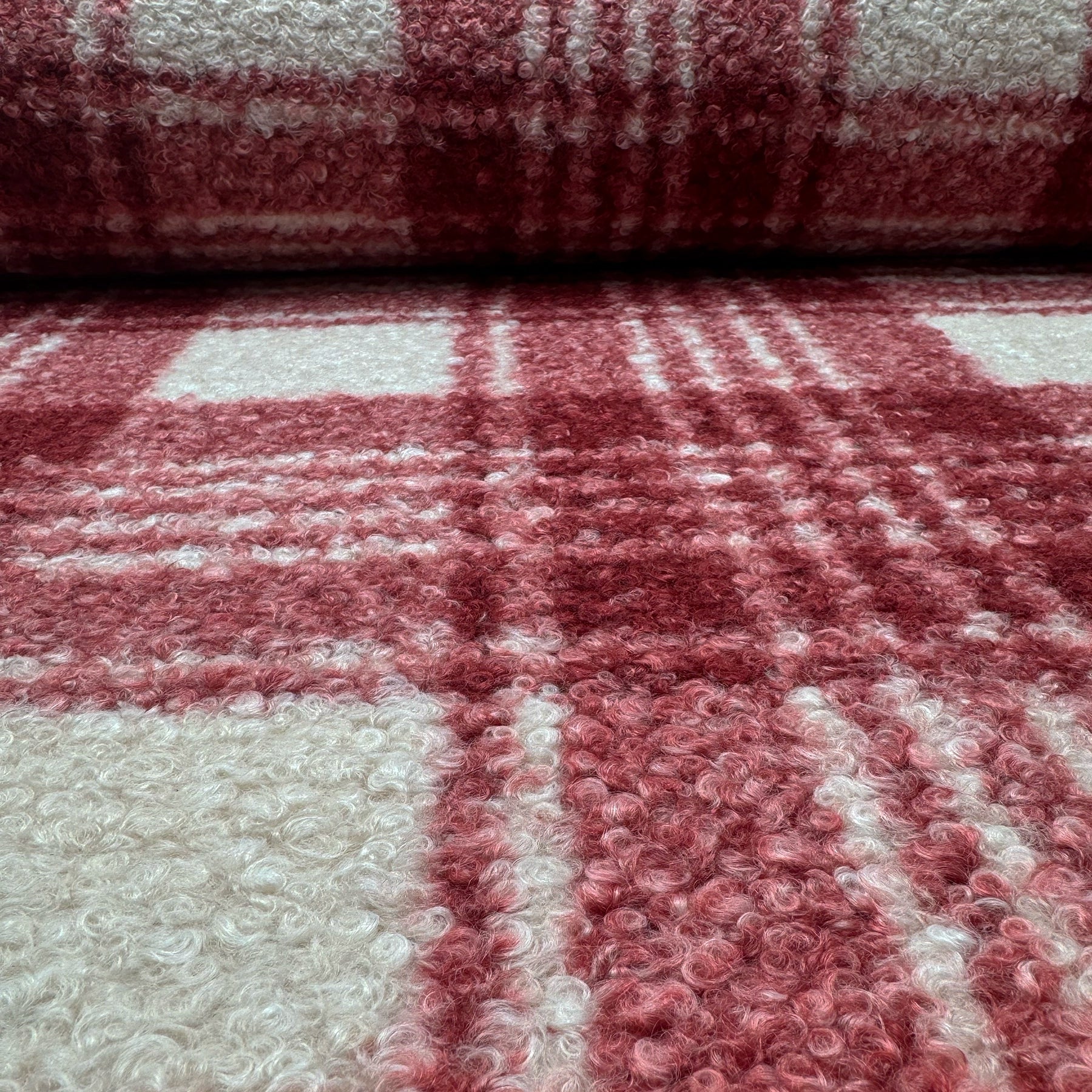Tissu Bouclette à Carreaux Bordeaux