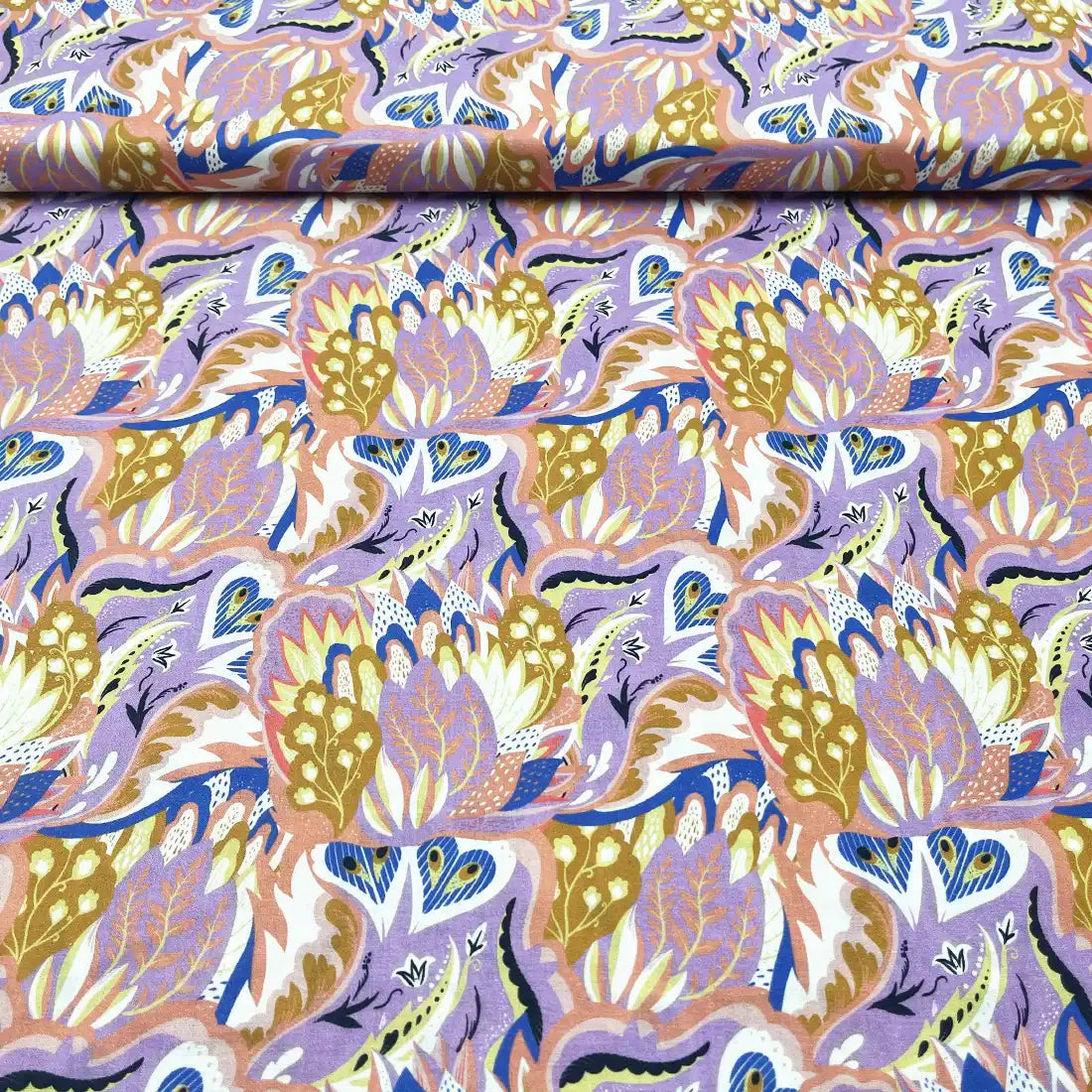 Tissu Coton Imprimé Liberty – Fleurs Stylisées Violet et Ocre