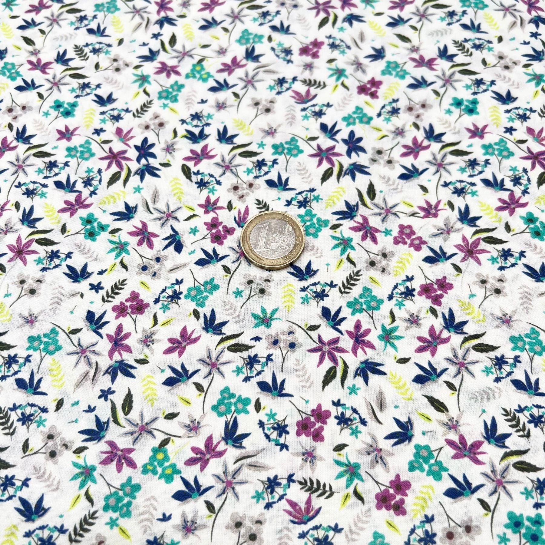 Tissu coton suisse style liberty fleurs hémérocalle turquoise