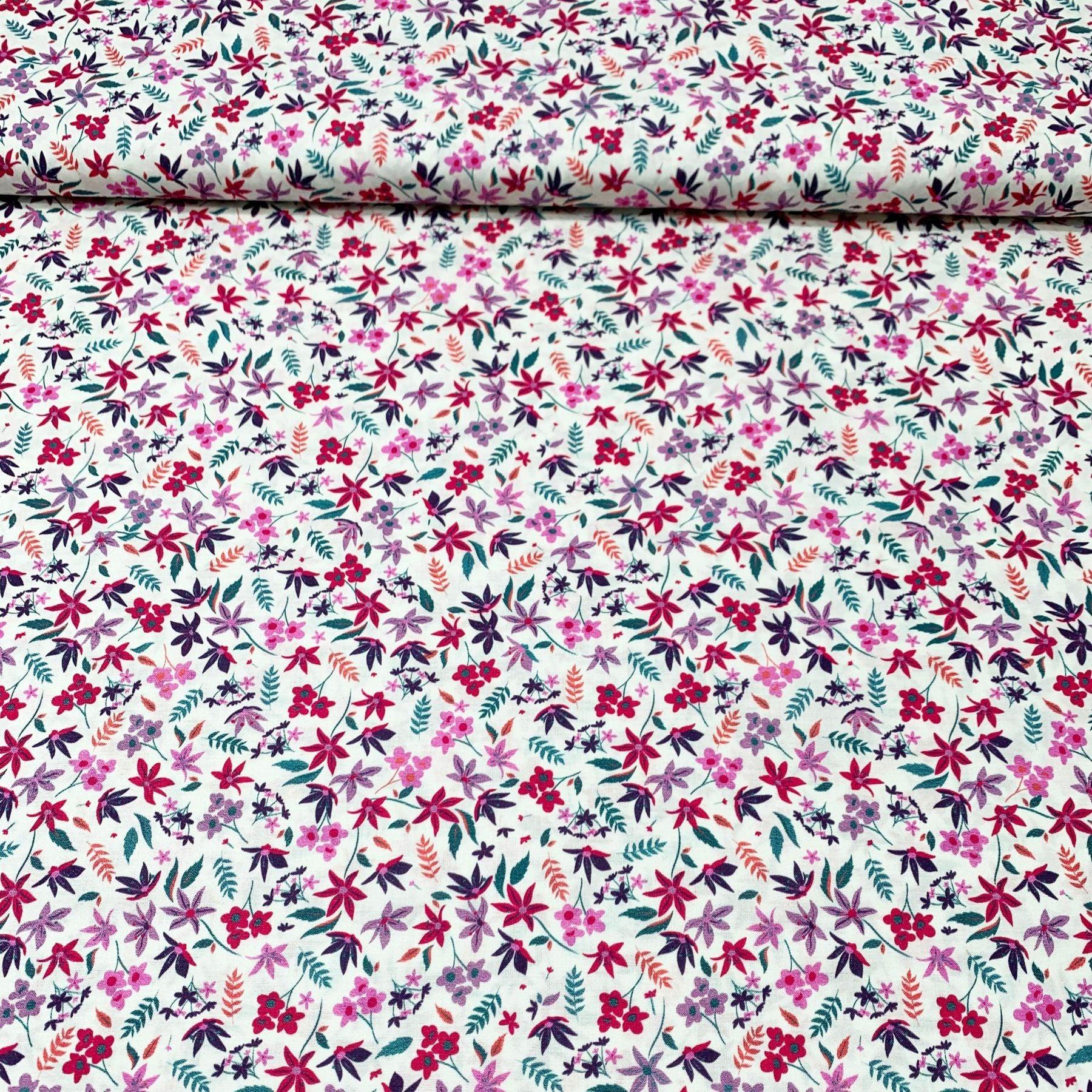 Tissu coton suisse style liberty fleurs hémérocalles rose