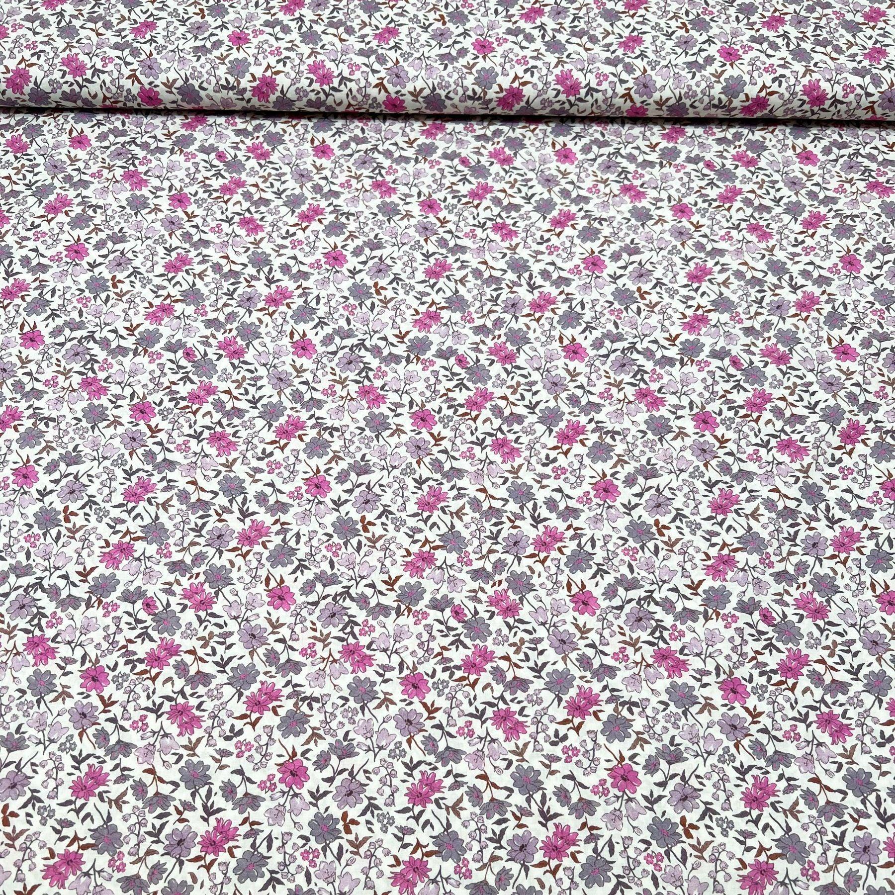 Tissu coton suisse style liberty fleurs pivoine lilas