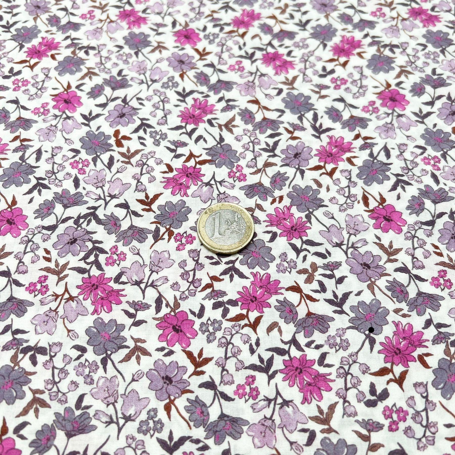 Tissu coton suisse style liberty fleurs pivoine lilas