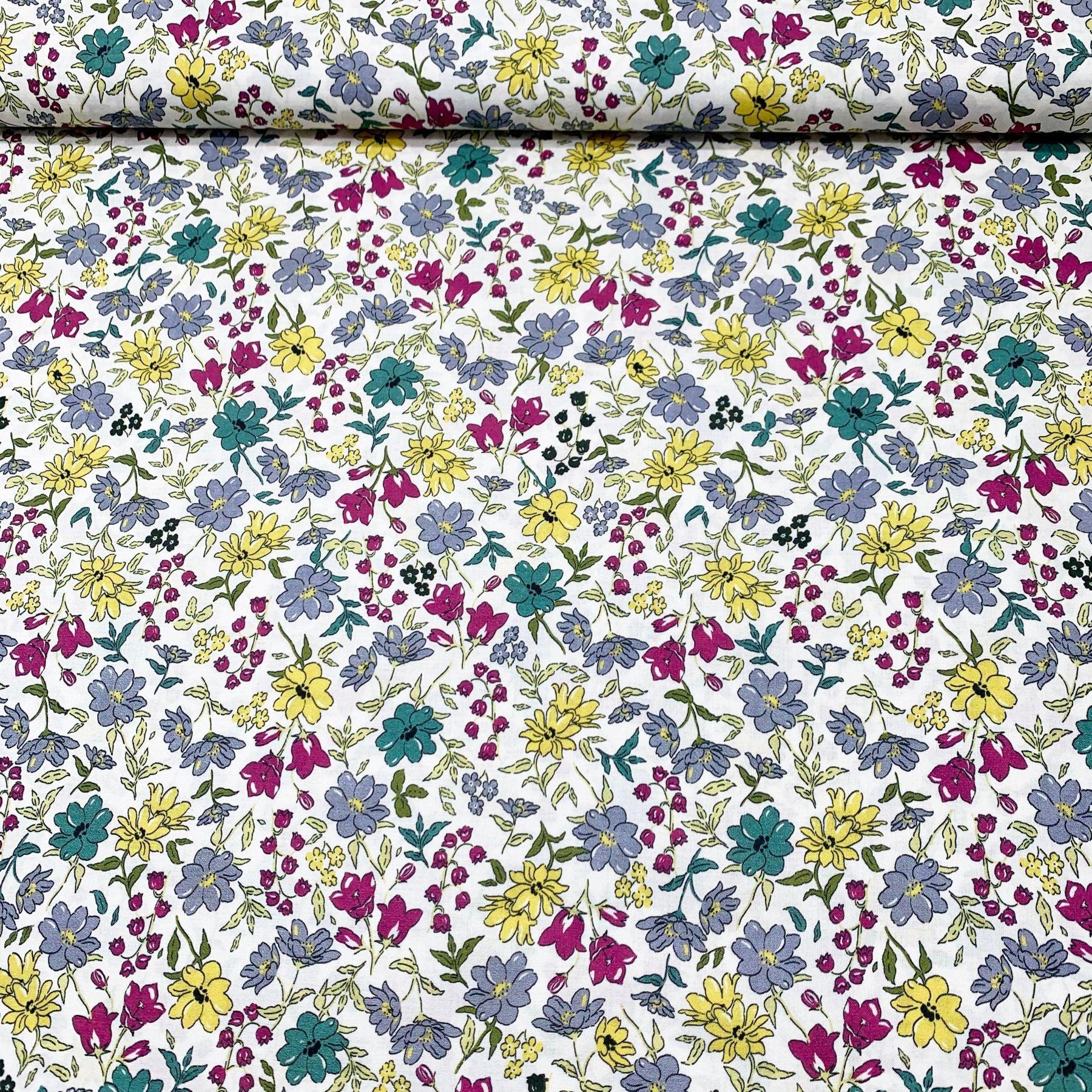 Tissu coton suisse style liberty fleurs pivoine vert bleu violet
