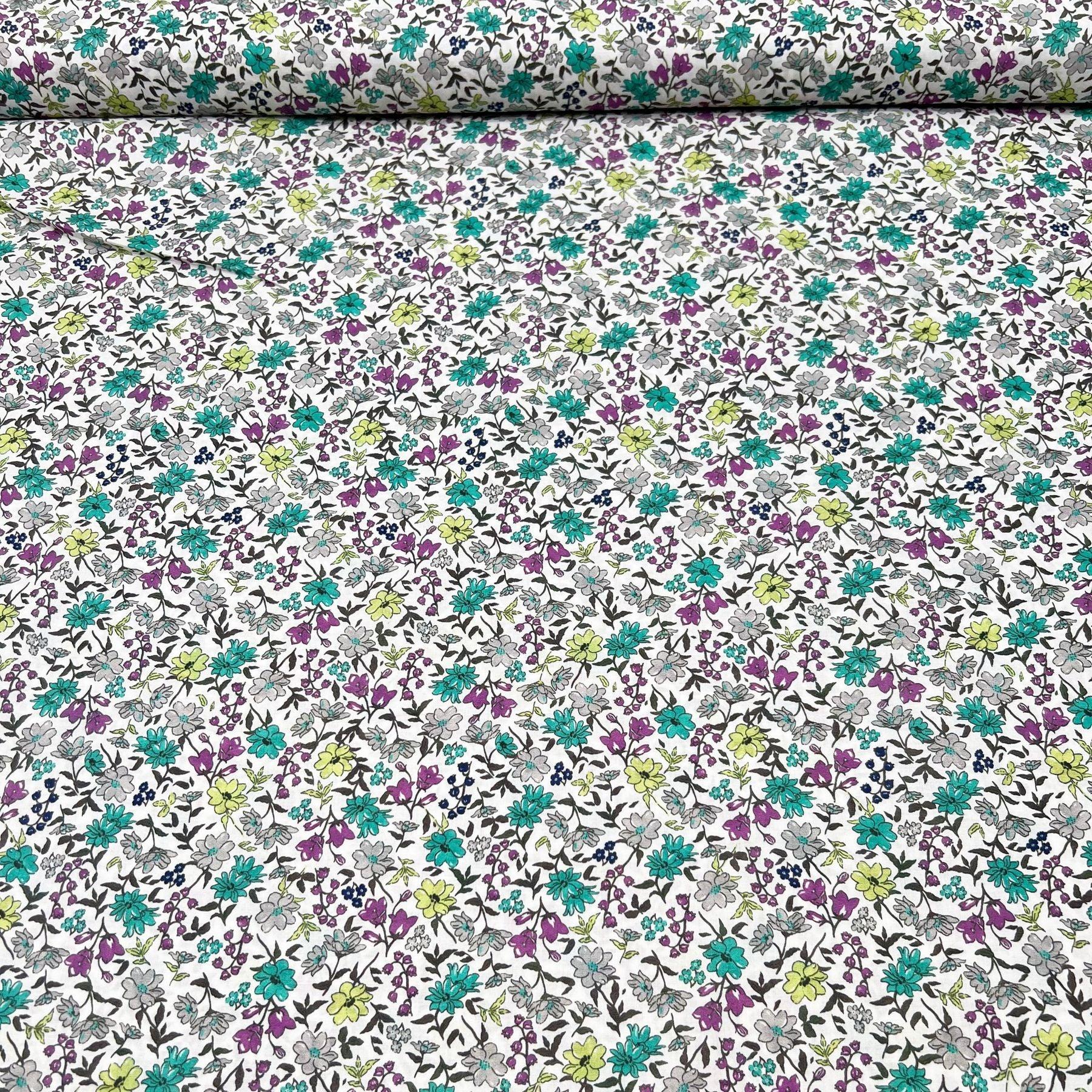 Tissu coton suisse style liberty fleurs pivoines turquoises