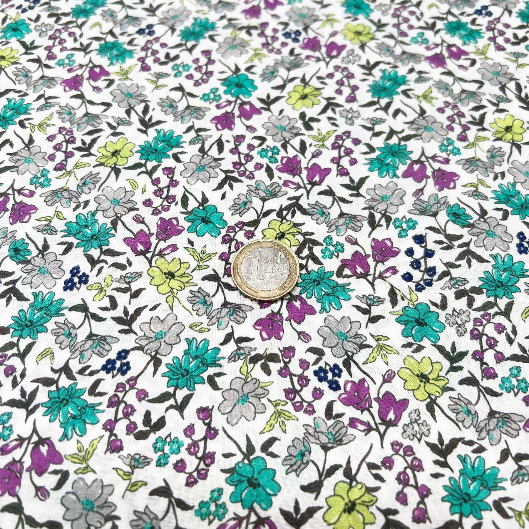 Tissu coton suisse style liberty fleurs pivoines turquoises