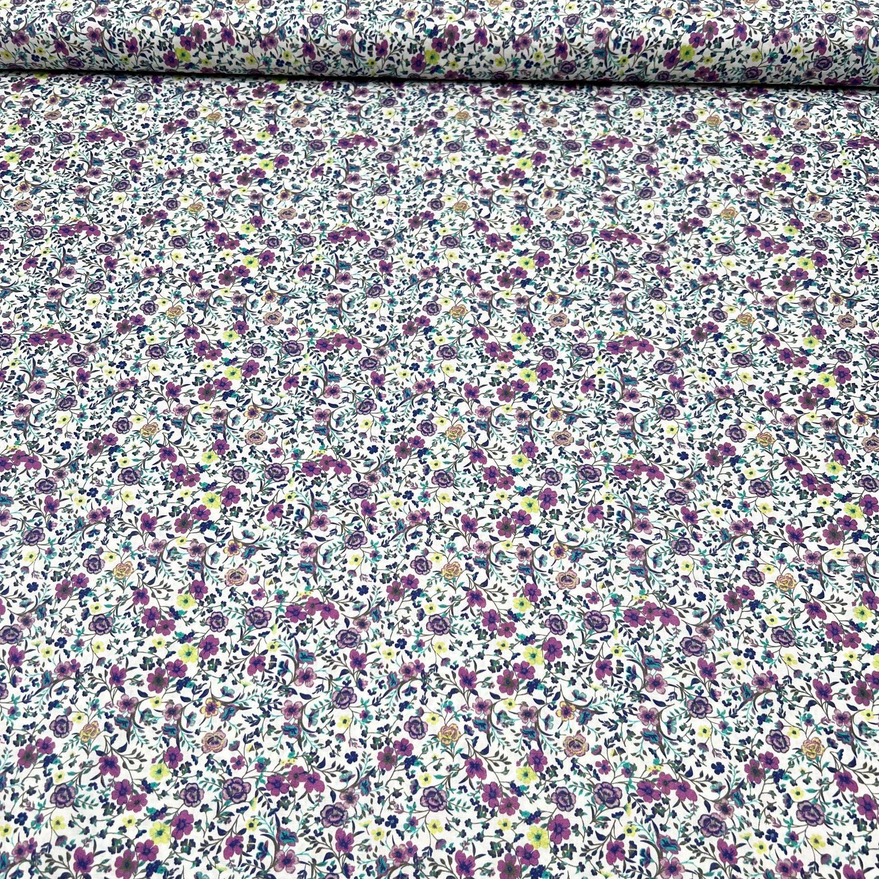 Tissu coton suisse fleurs roses violettes