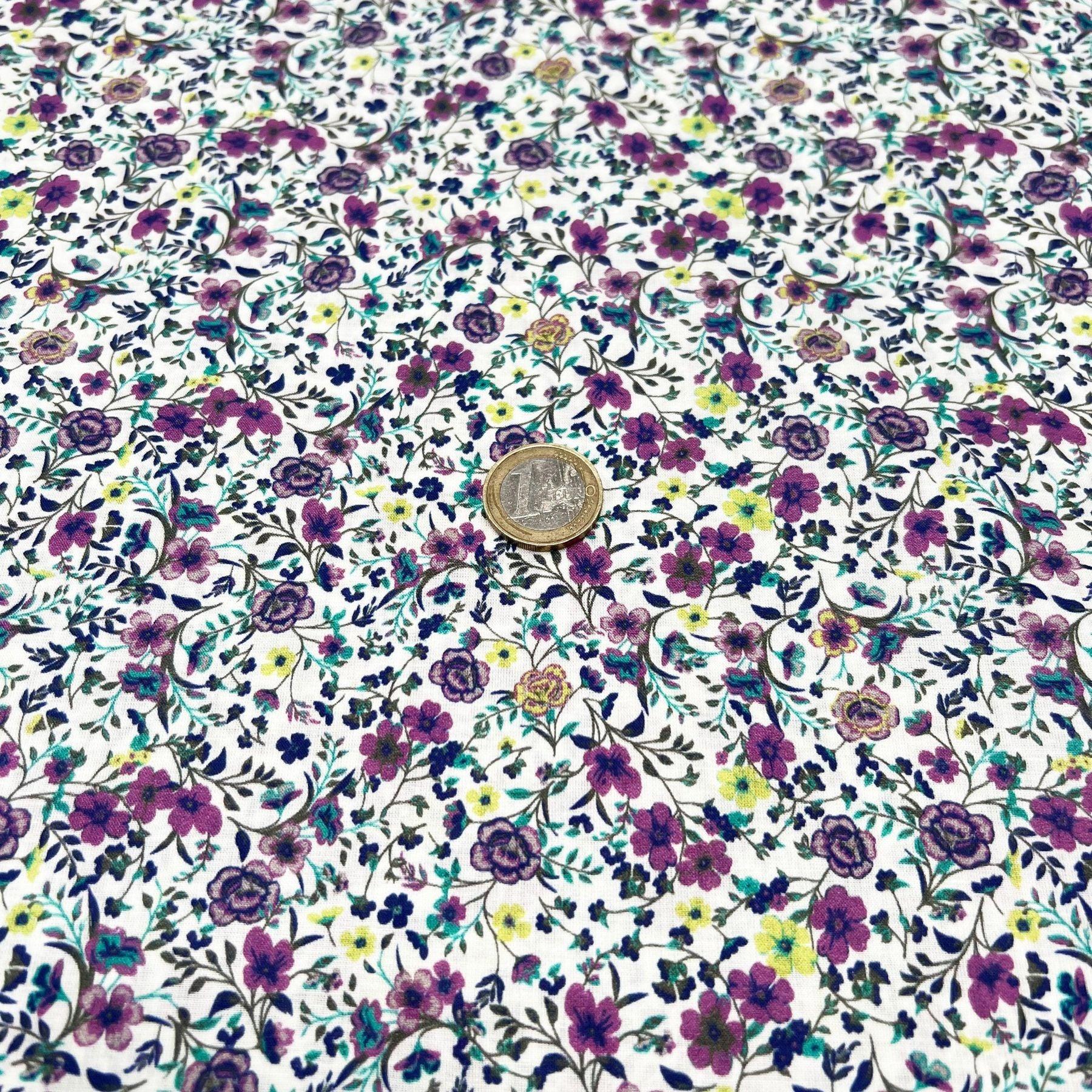 Tissu coton suisse fleurs roses violettes