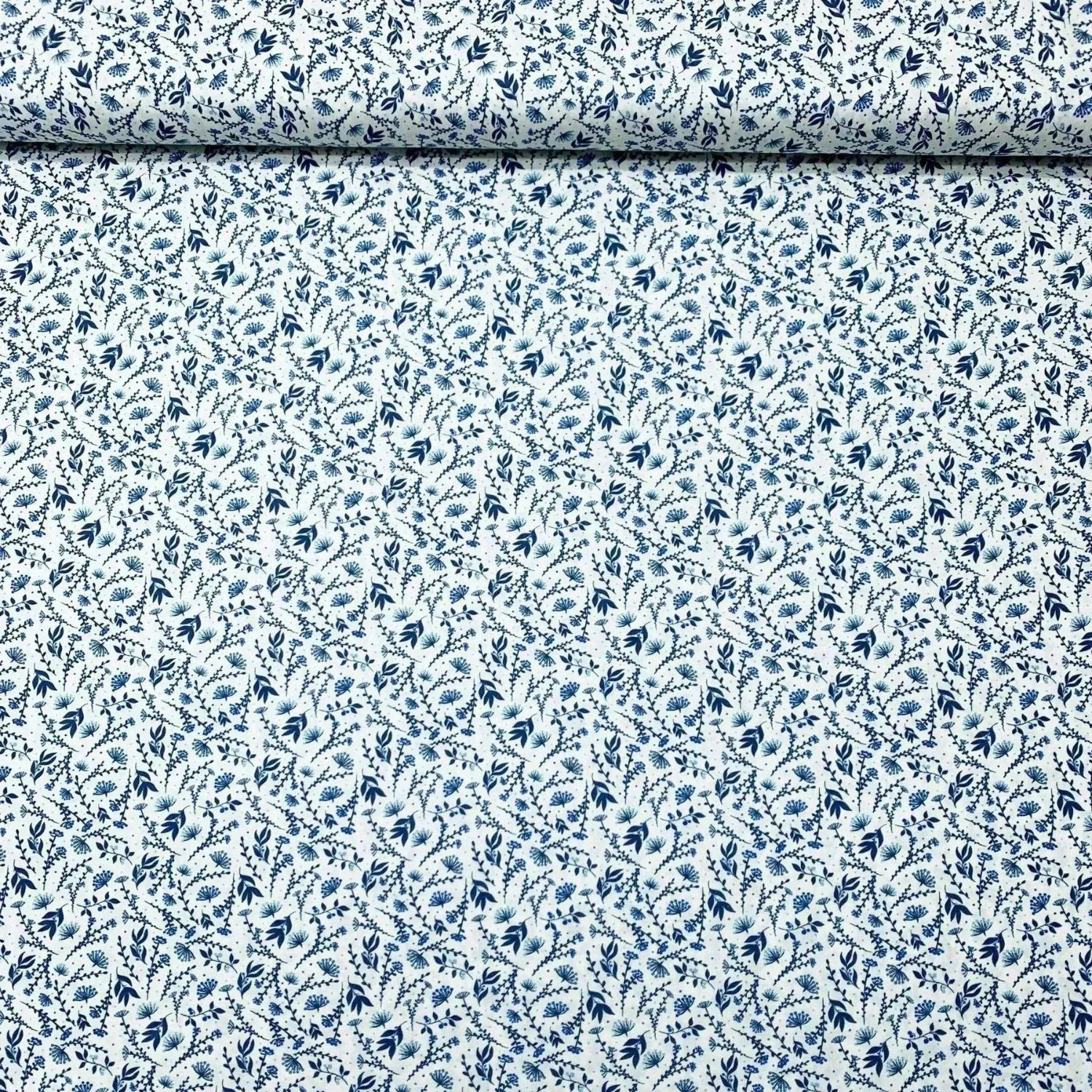Tissu coton suisse style liberty fleurs vivace bleu