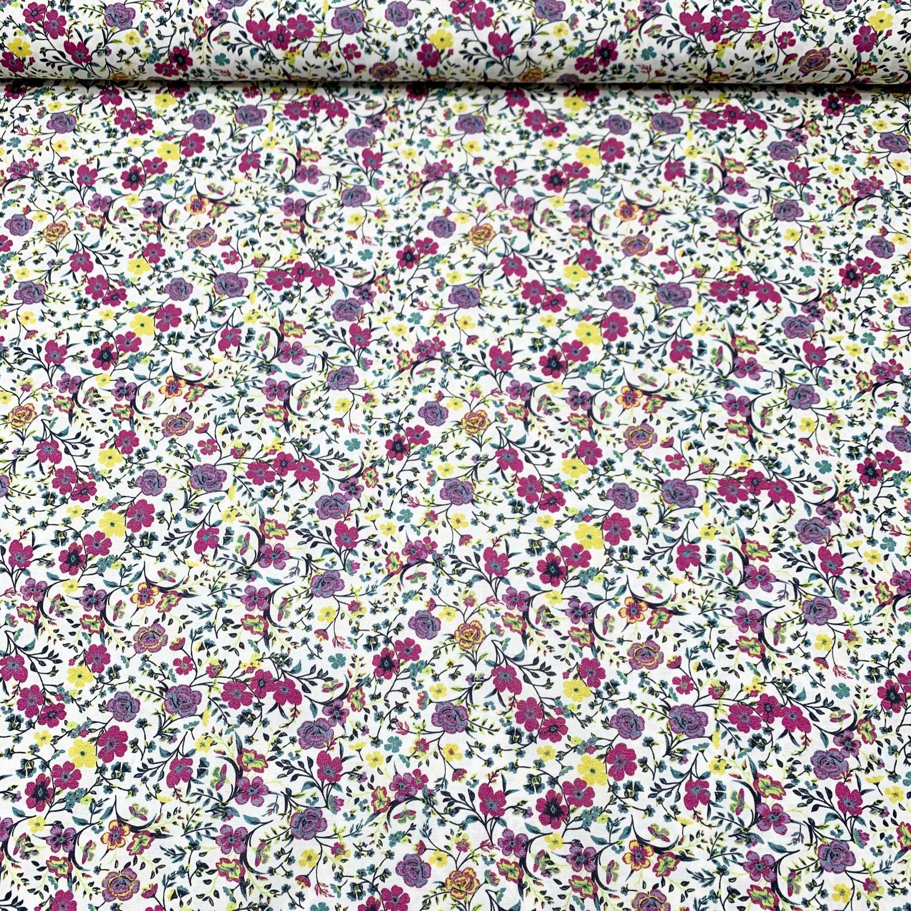 Tissu coton suisse style liberty petit fleurs rose violet vert