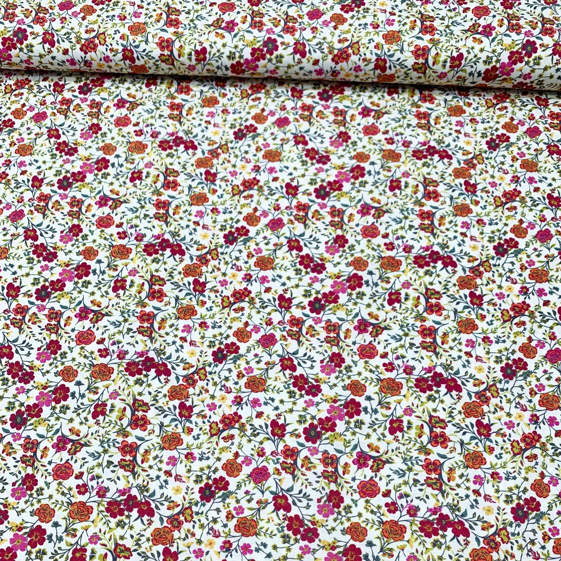 Tissu coton suisse style liberty petite fleurs rose rose orange
